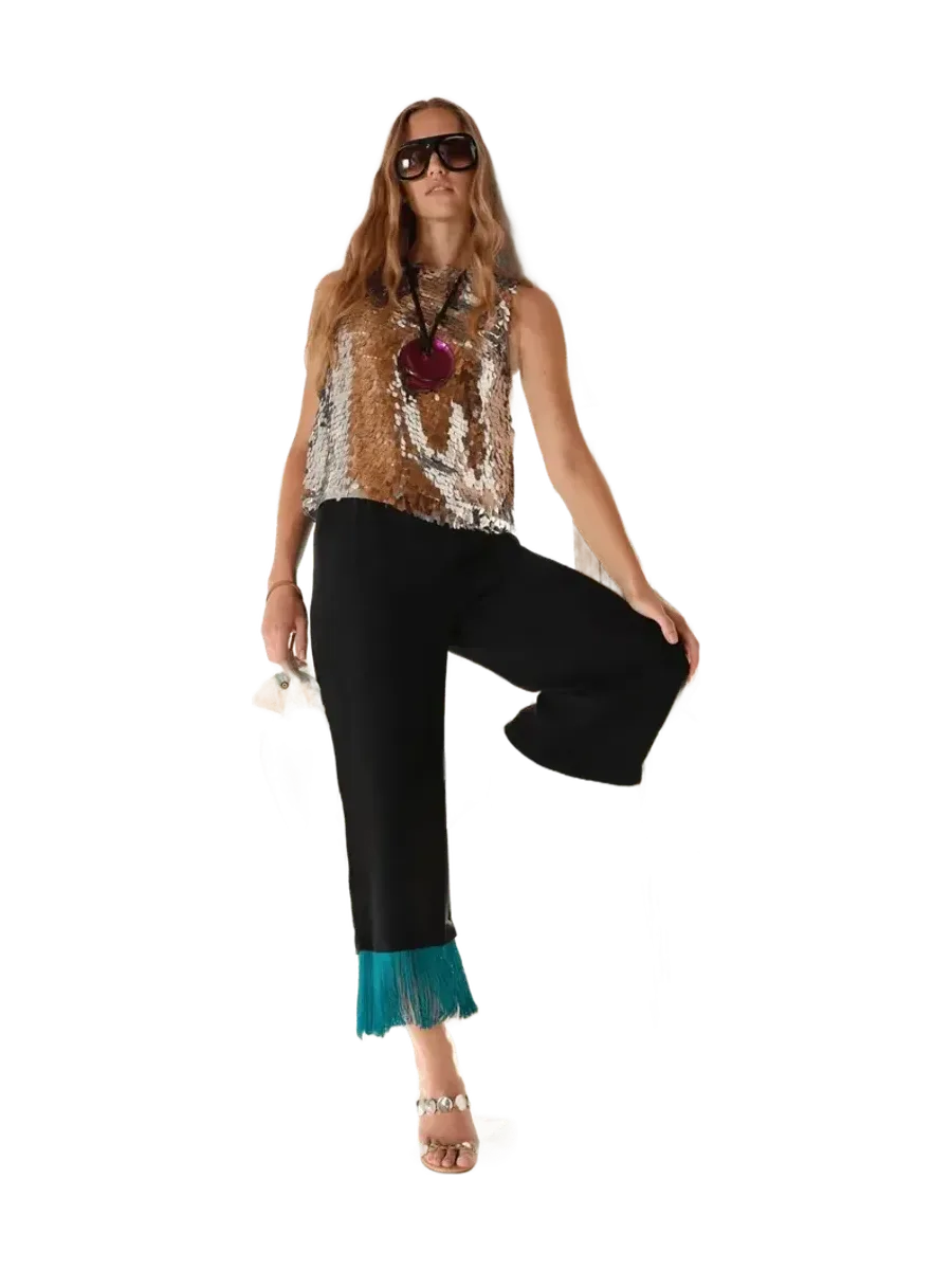 Nella Fringe Pant In Black/Teal