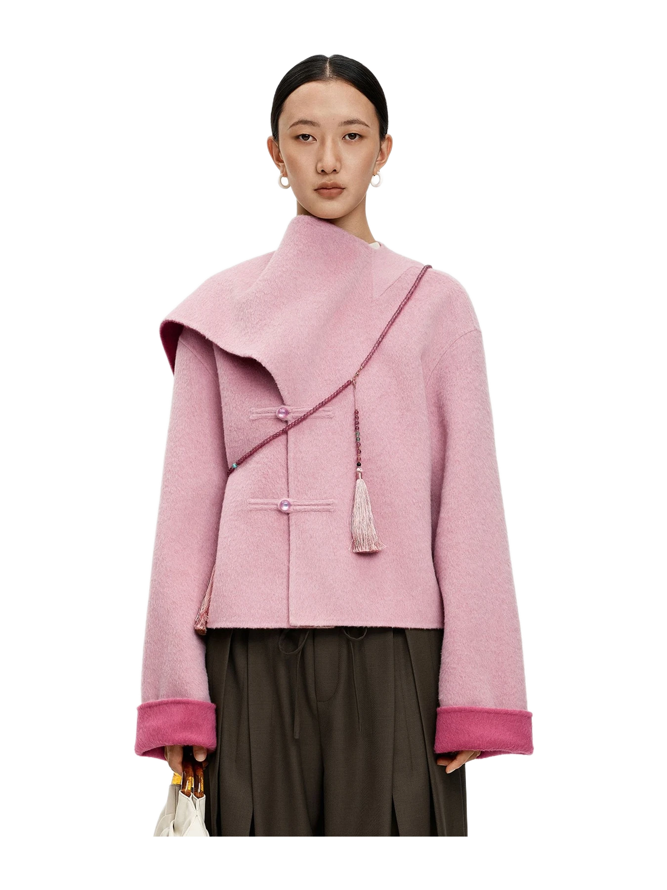SELFWHO Chinese Style Scarf Collar Double-Faced Wool Coat