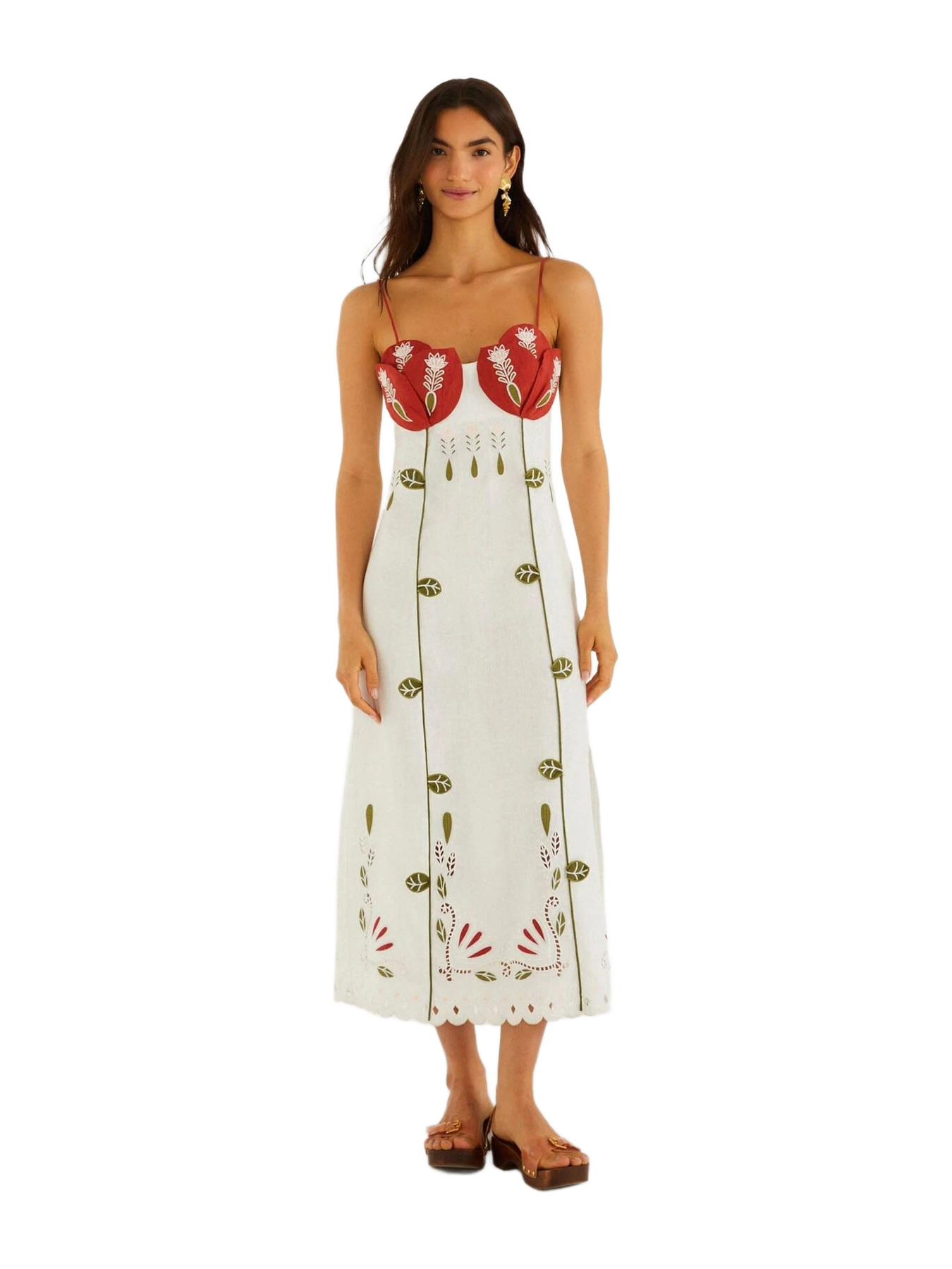 Farm Rio Off-White Tulip Richelieu Embroidered Midi Dress