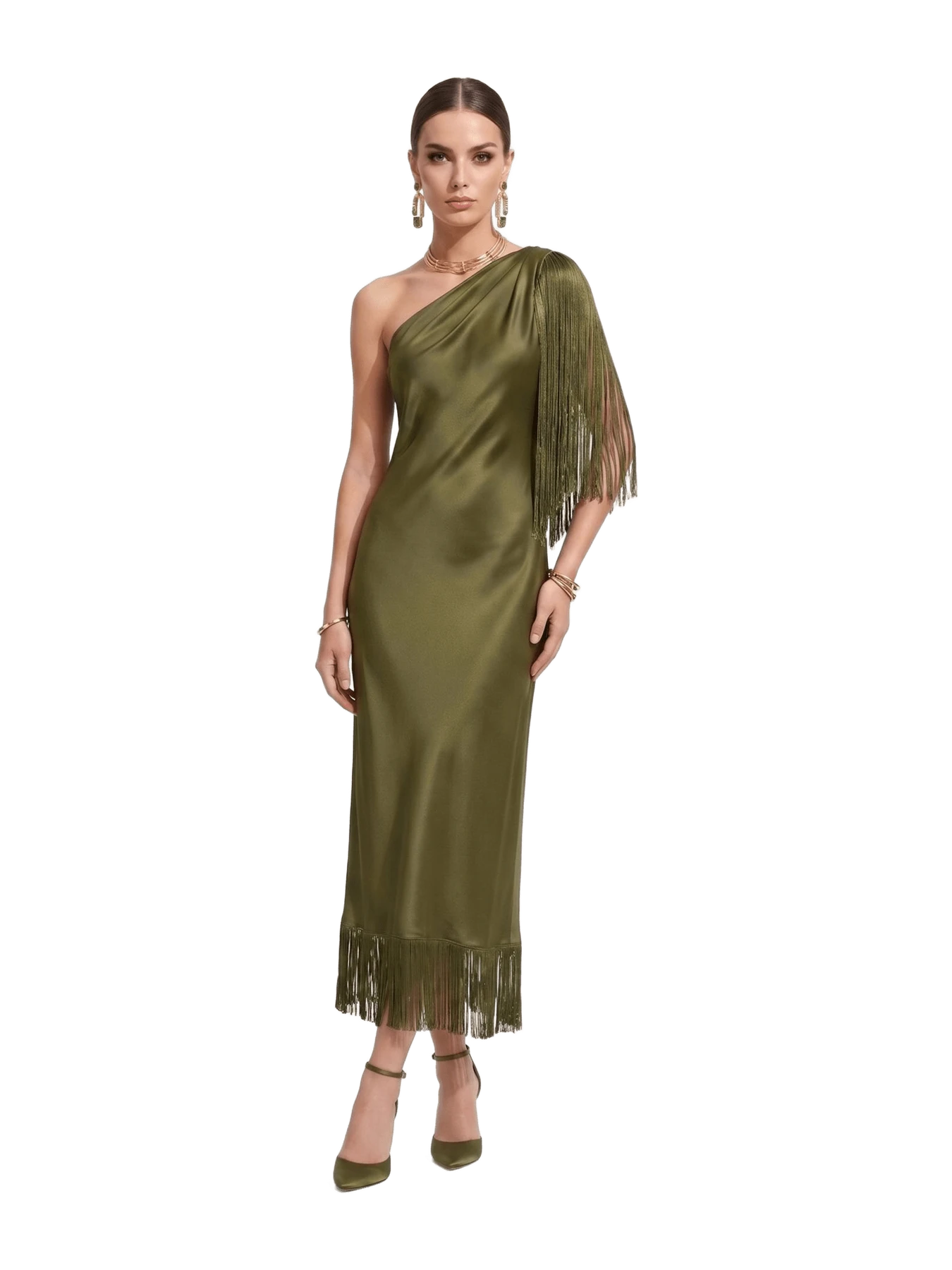 JW Pei One Shoulder Fringe Midi Dress - Olive Green