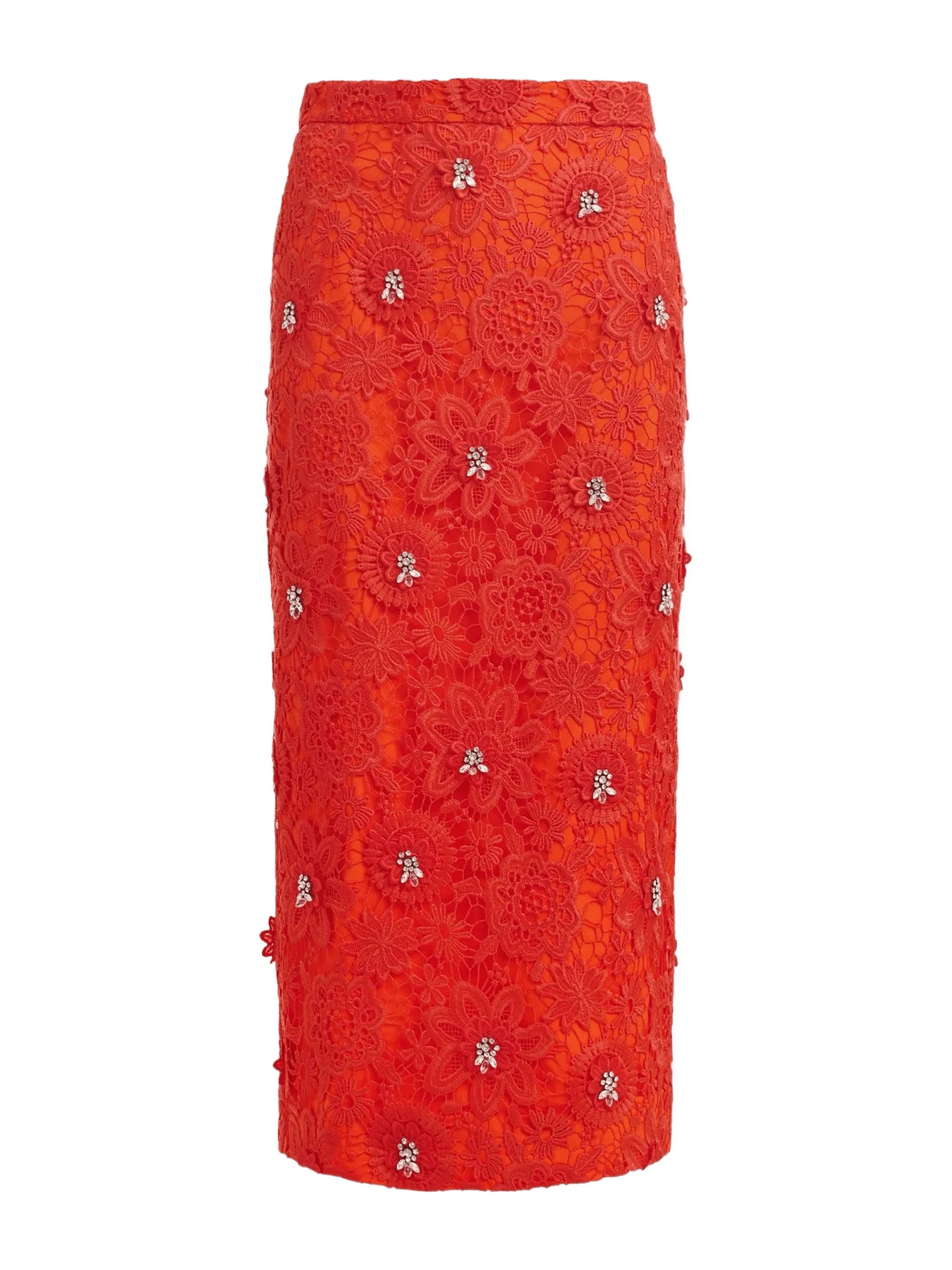 Essentiel Antwerp Orange floral lace pencil skirt with rhinestone embellishments