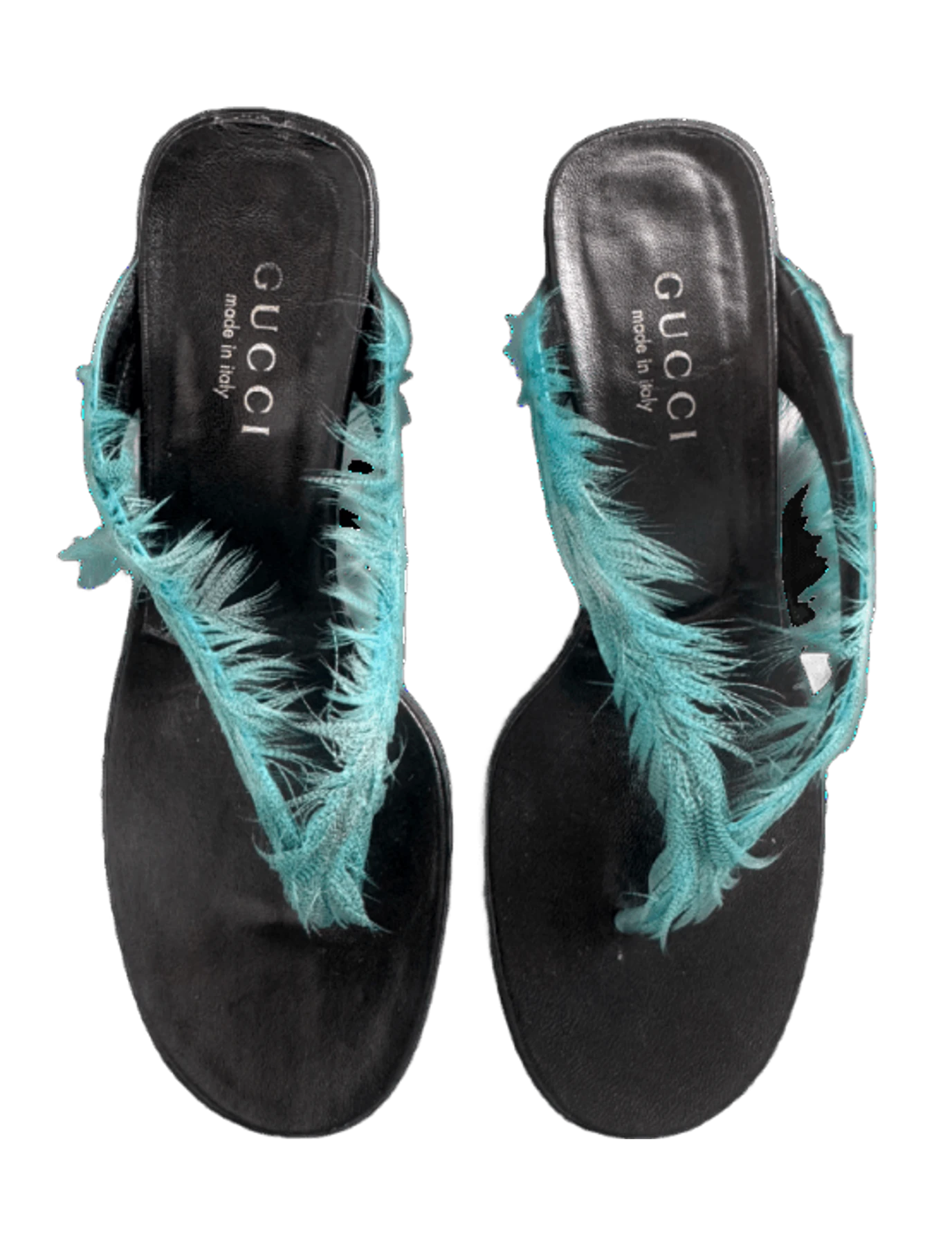 Gucci Vintage Blue Peacock Feather Sandal Heels