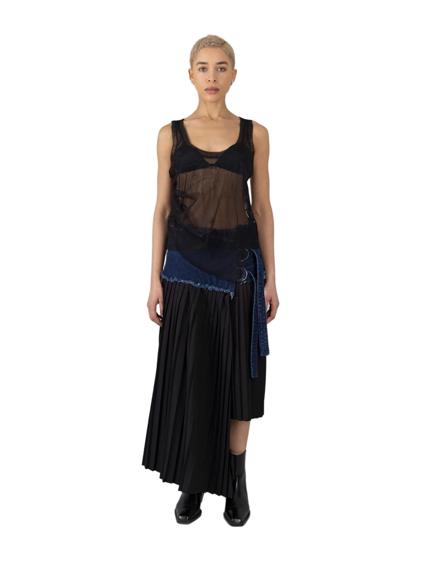 ESTHÉ Pleated Asymmetric Wool And Denim Midi Skirt • Esthe