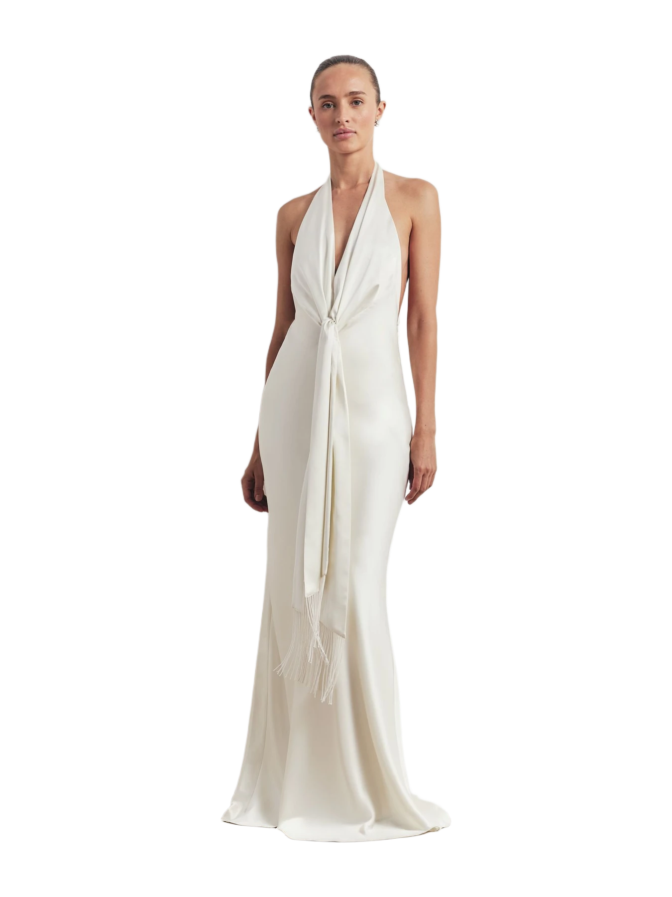 Because of Alice Plunging Knot Detail Gown with Fringing - Ivory