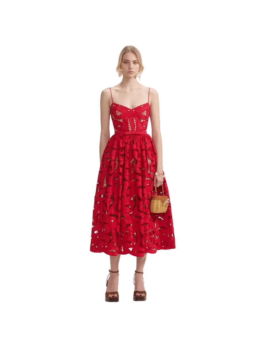 Self-Portrait Red Bow Embroidered Midi Dress