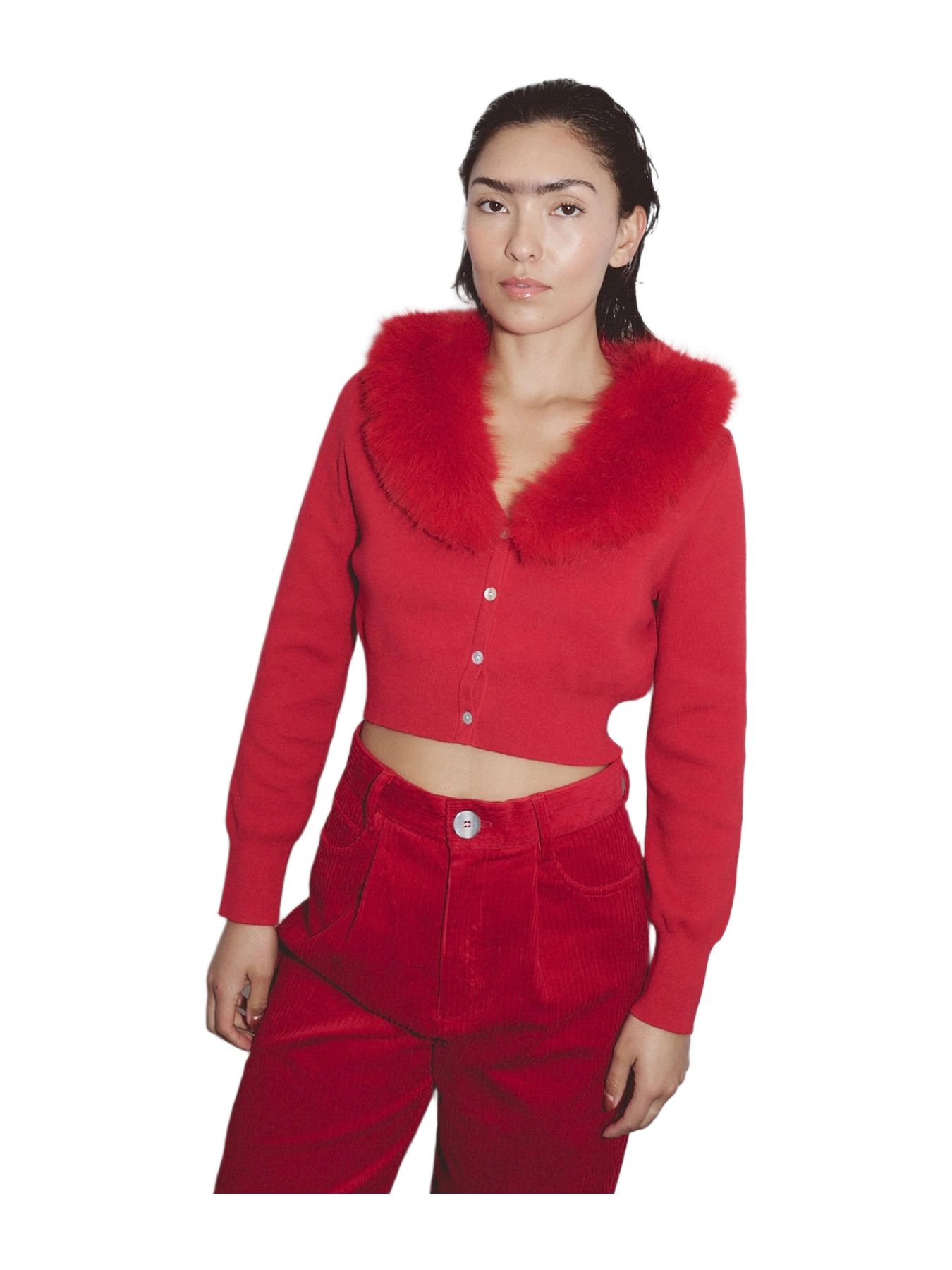 Fashion Brand Company Red Faux Fur Collar Cardigan
