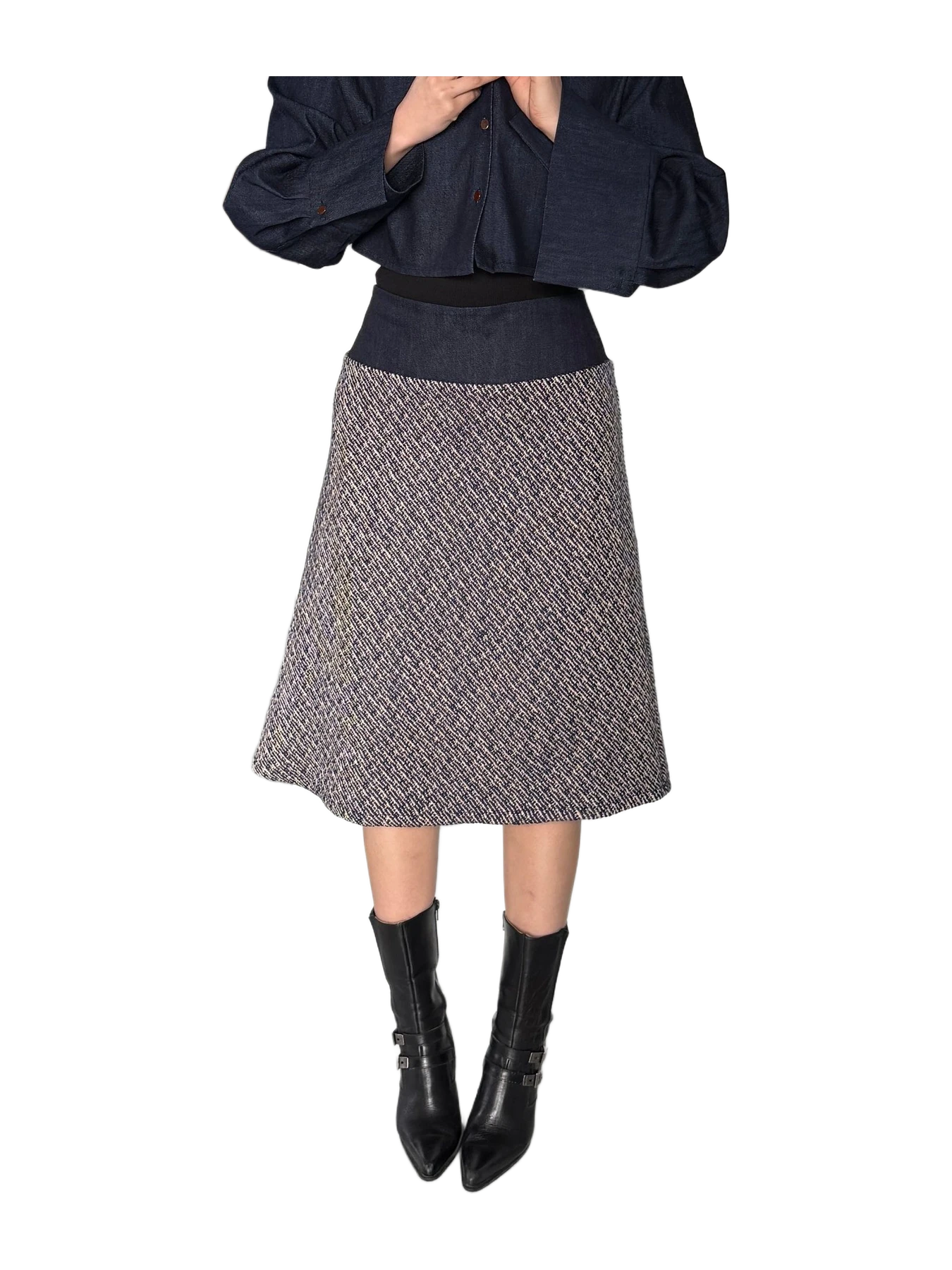 Aaizél Rei Japanese Wool Bouclé A-Line Midi Skirt In Navy