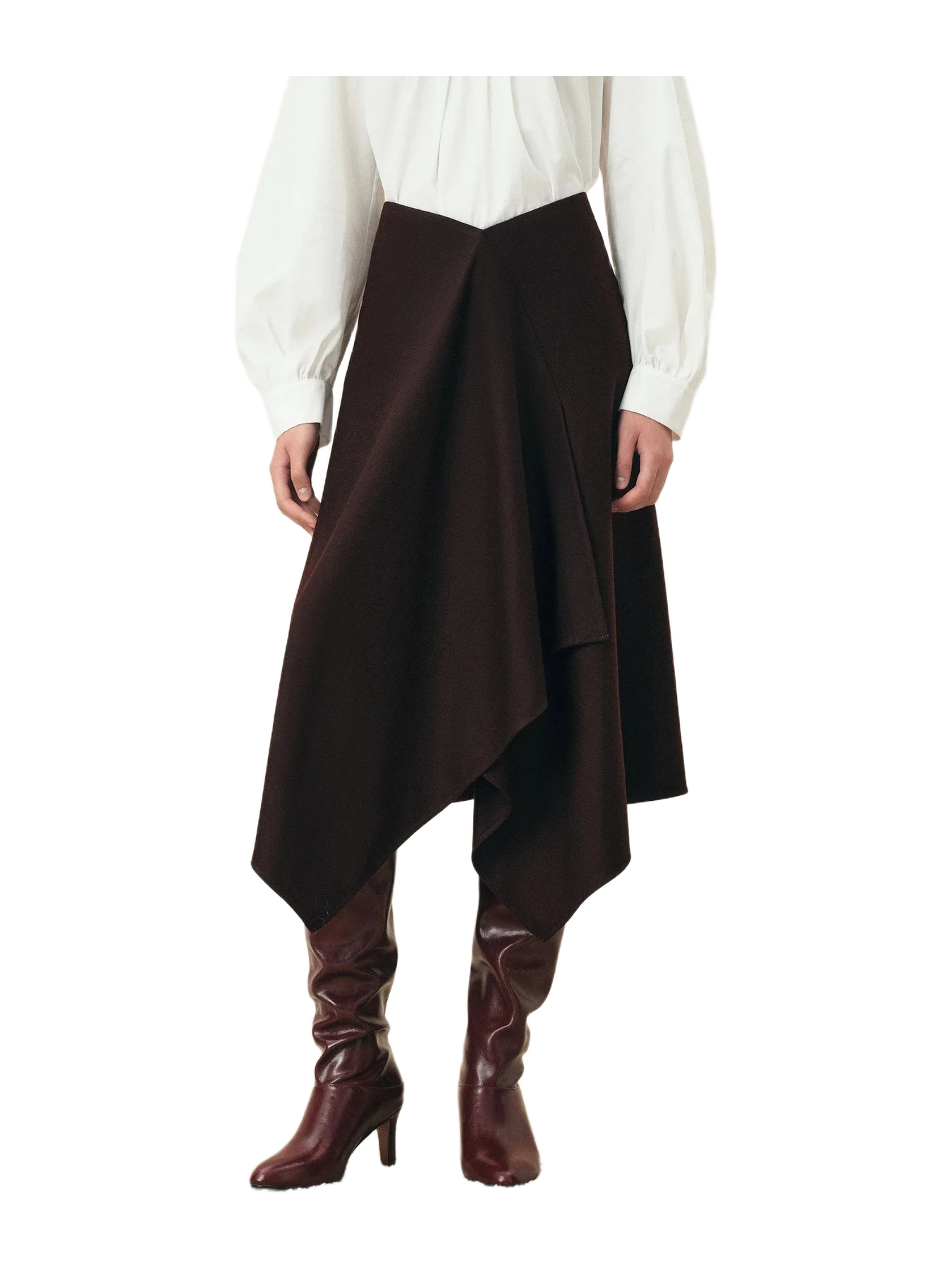 Fabrique Rhea Burgundy Asymmetric Wrap Midi Skirt In Wool Blend