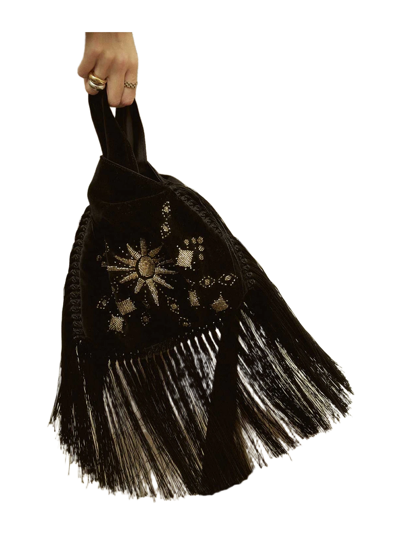 Sarah's Bags Rising Sun on Black Velvet Slip Bag with Fringes