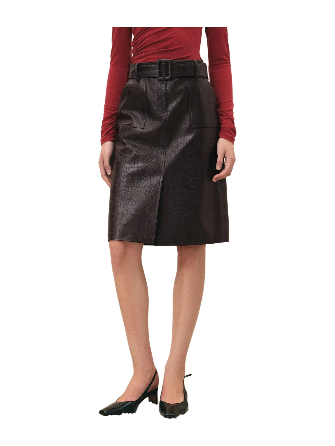 Fabrique Saga Croc Embossed Belted Midi Skirt In Faux Leather