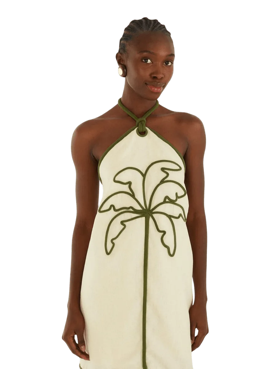 Farm Rio Sand Coconut Embroidery Halter Neck Euroflax™ Premium Linen Mini Dress
