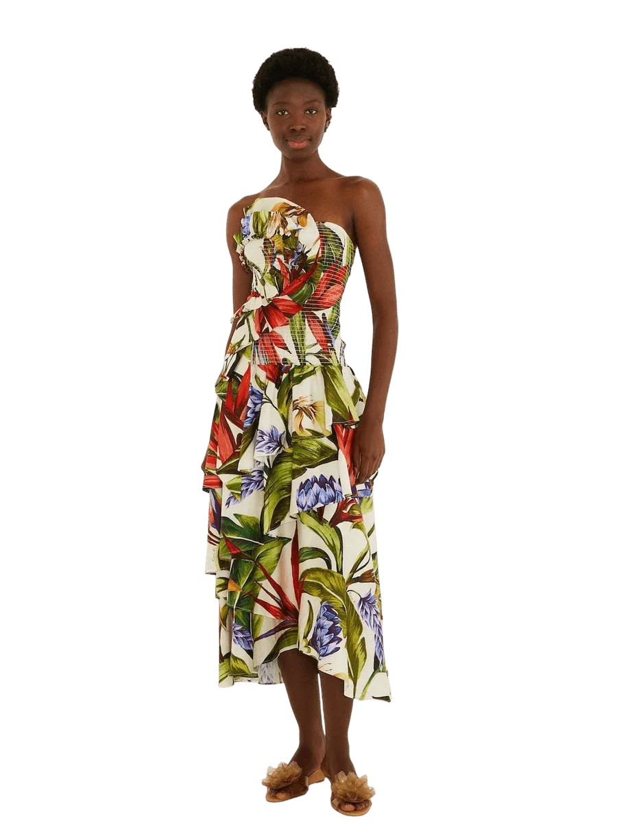 Farm Rio Sand Florart Strapless Maxi Dress