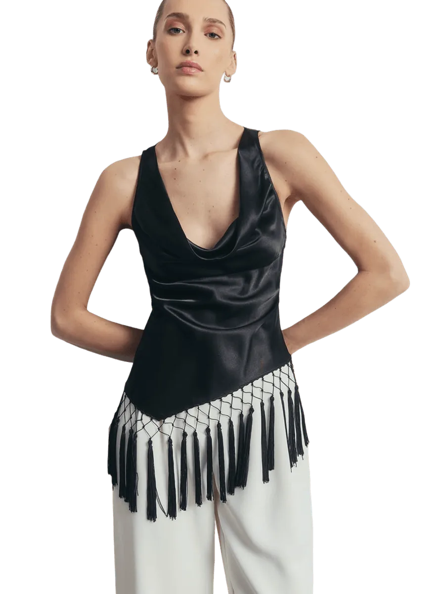 Because of Alice Satin Cowl Neck Tassel Hem Top