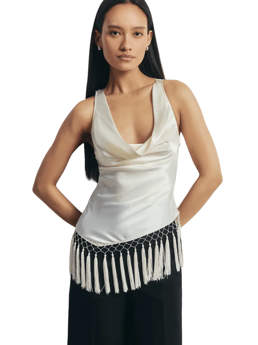 Because of Alice Satin Cowl Neck Tassel Hem Top