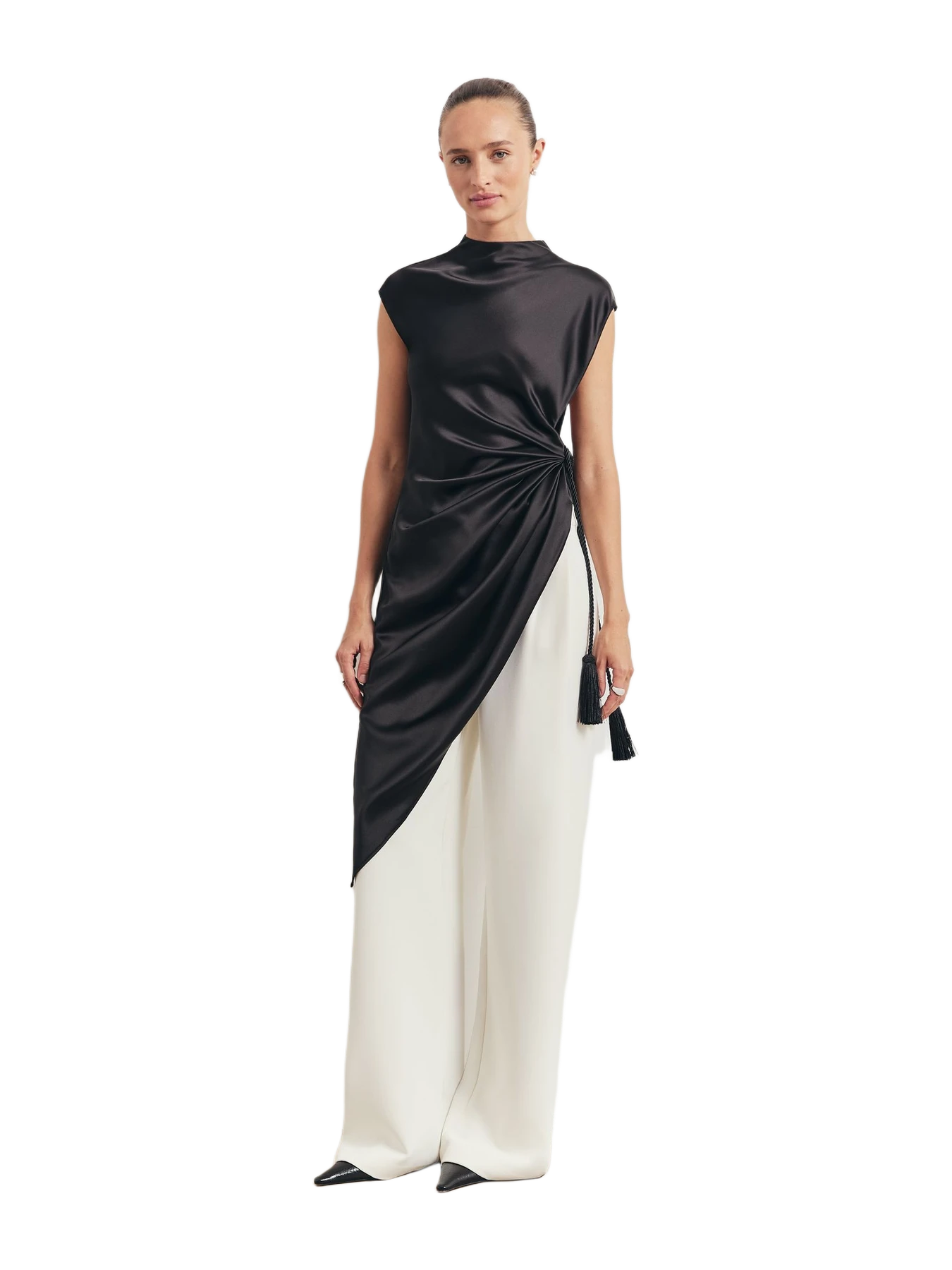 Because of Alice Satin Gathered Asymmetric Blouse with Tassel - Black