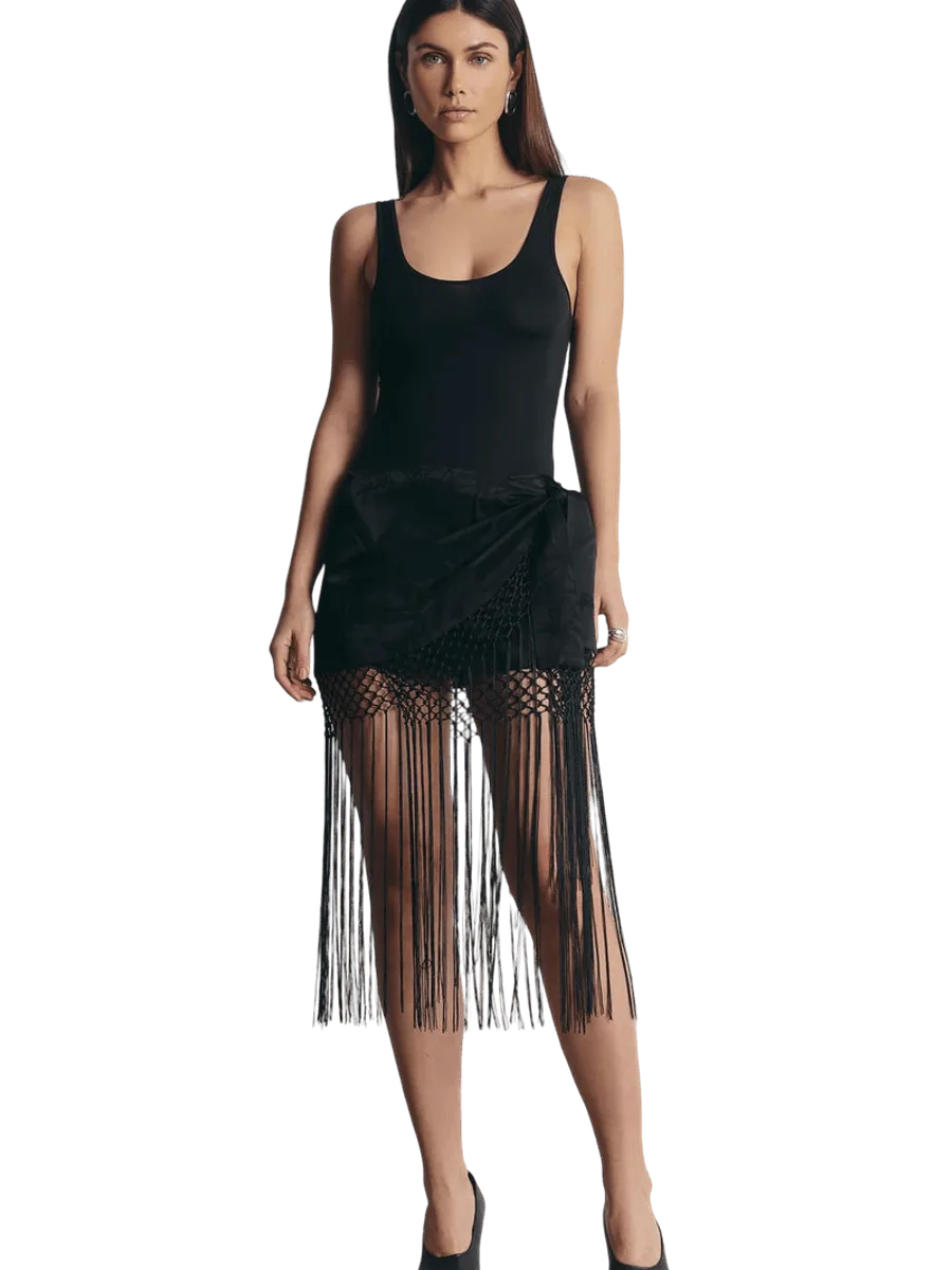 Because of Alice Satin Jacquard Sarong Midi Skirt with Fringing