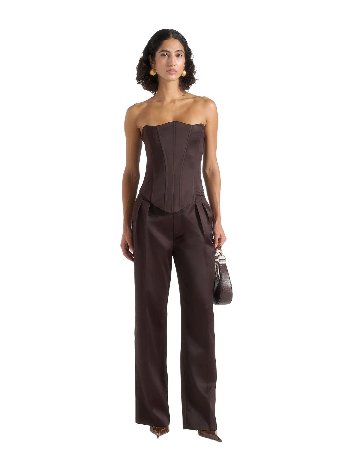 Manière de Voir Scarlett - Satin Lace Up Corset - Brown