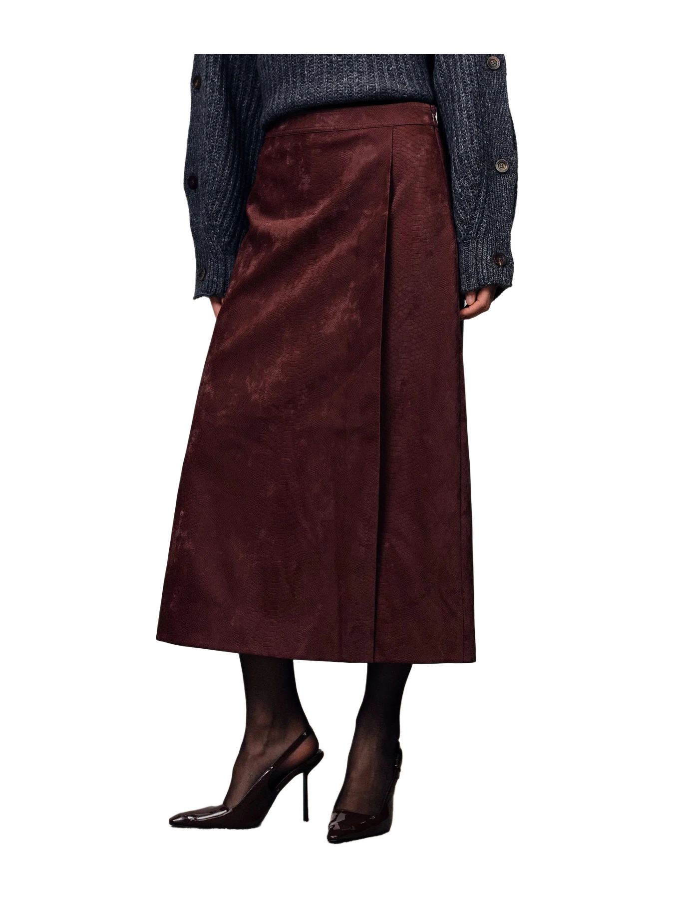 Fabrique Scirocco Burgundy Midi Skirt In Faux Snake Skin Leather