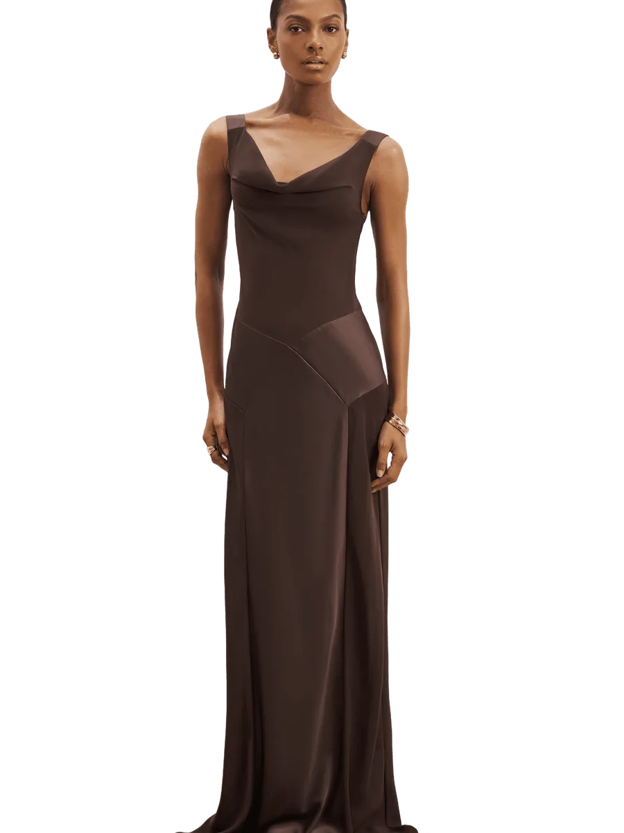 Because of Alice Sheer Chiffon Cowl Neck Satin Panel Gown - Carob