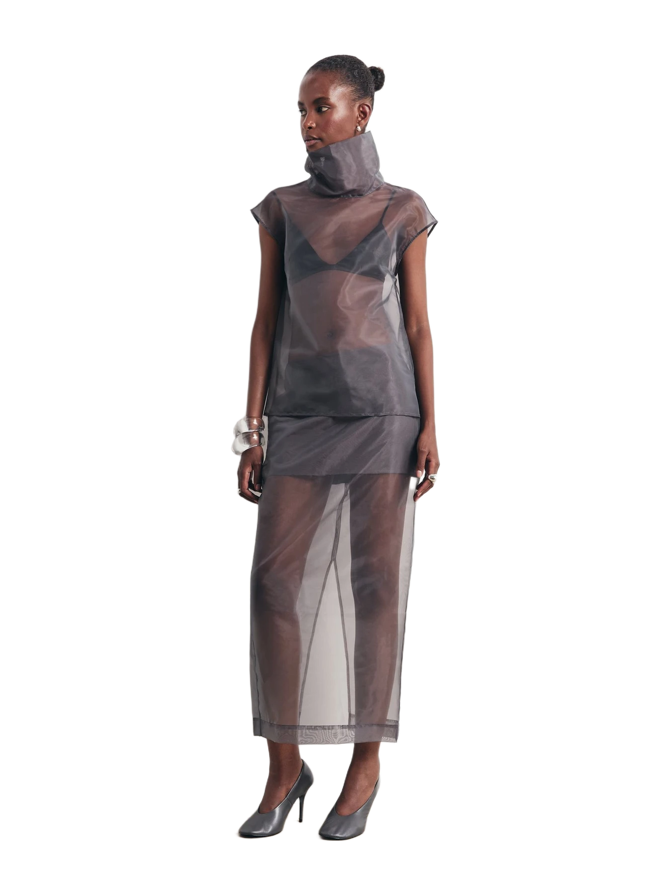 Because of Alice Sheer Organza Column Midi Skirt - Slate