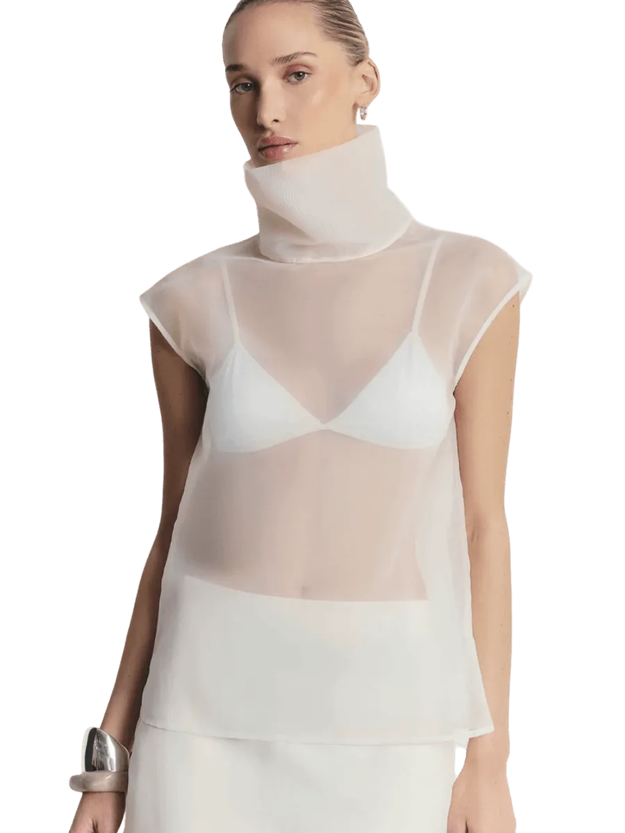 Because of Alice Sheer Organza Funnel Neck Blouse