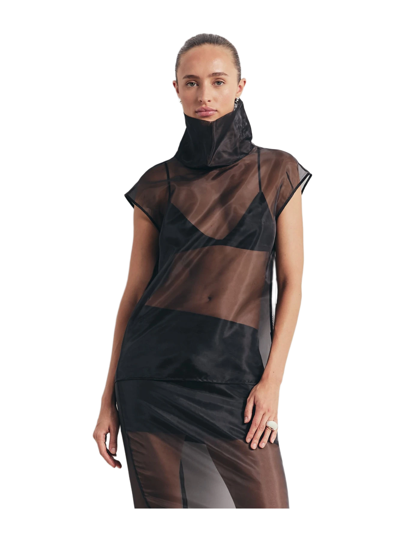 Because of Alice Sheer Organza Funnel Neck Blouse - Black