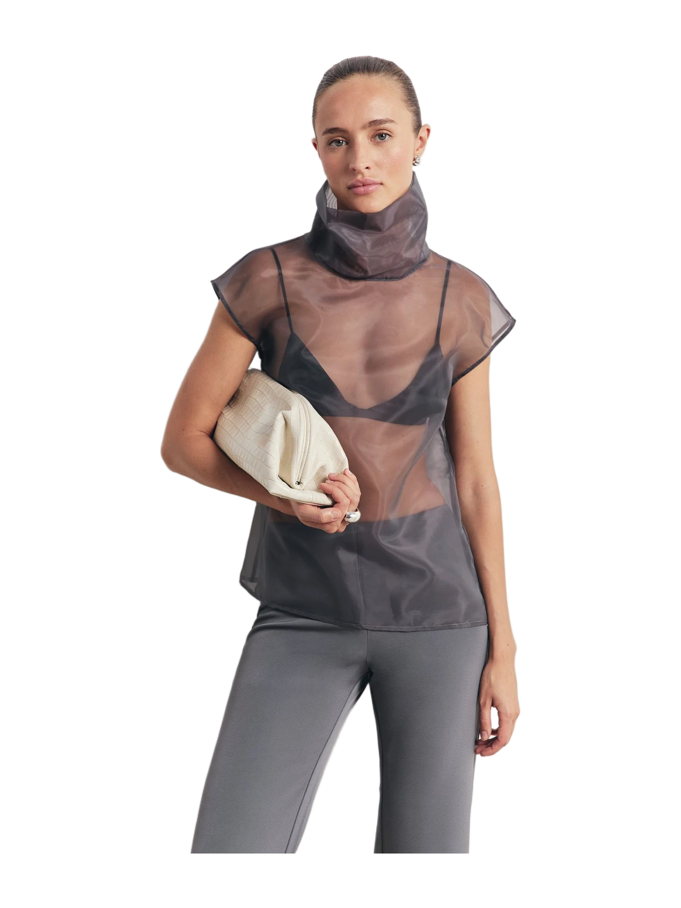 Because of Alice Sheer Organza Funnel Neck Blouse - Slate