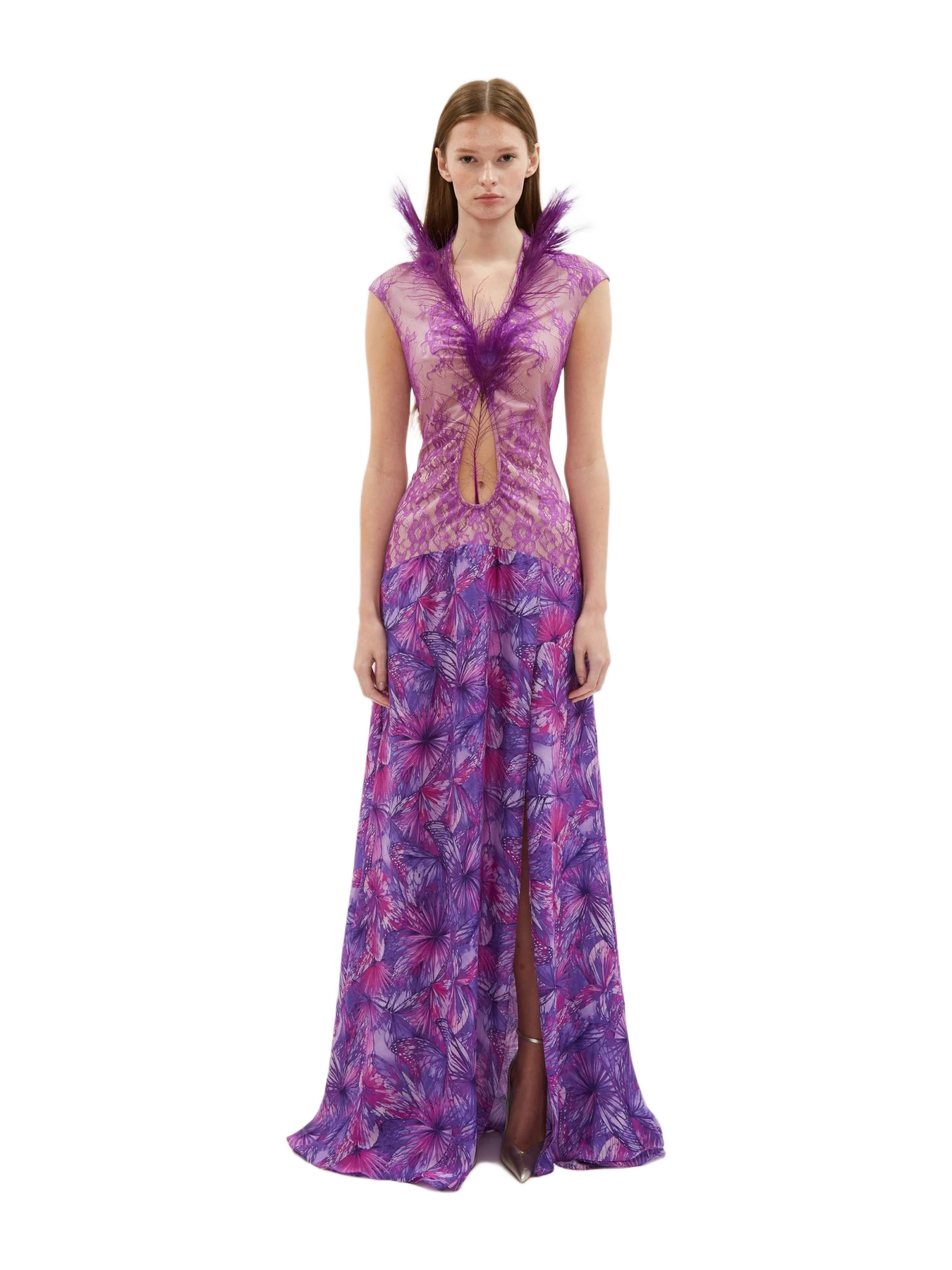 Kim Shui Silk And Mesh Gown With Feathers