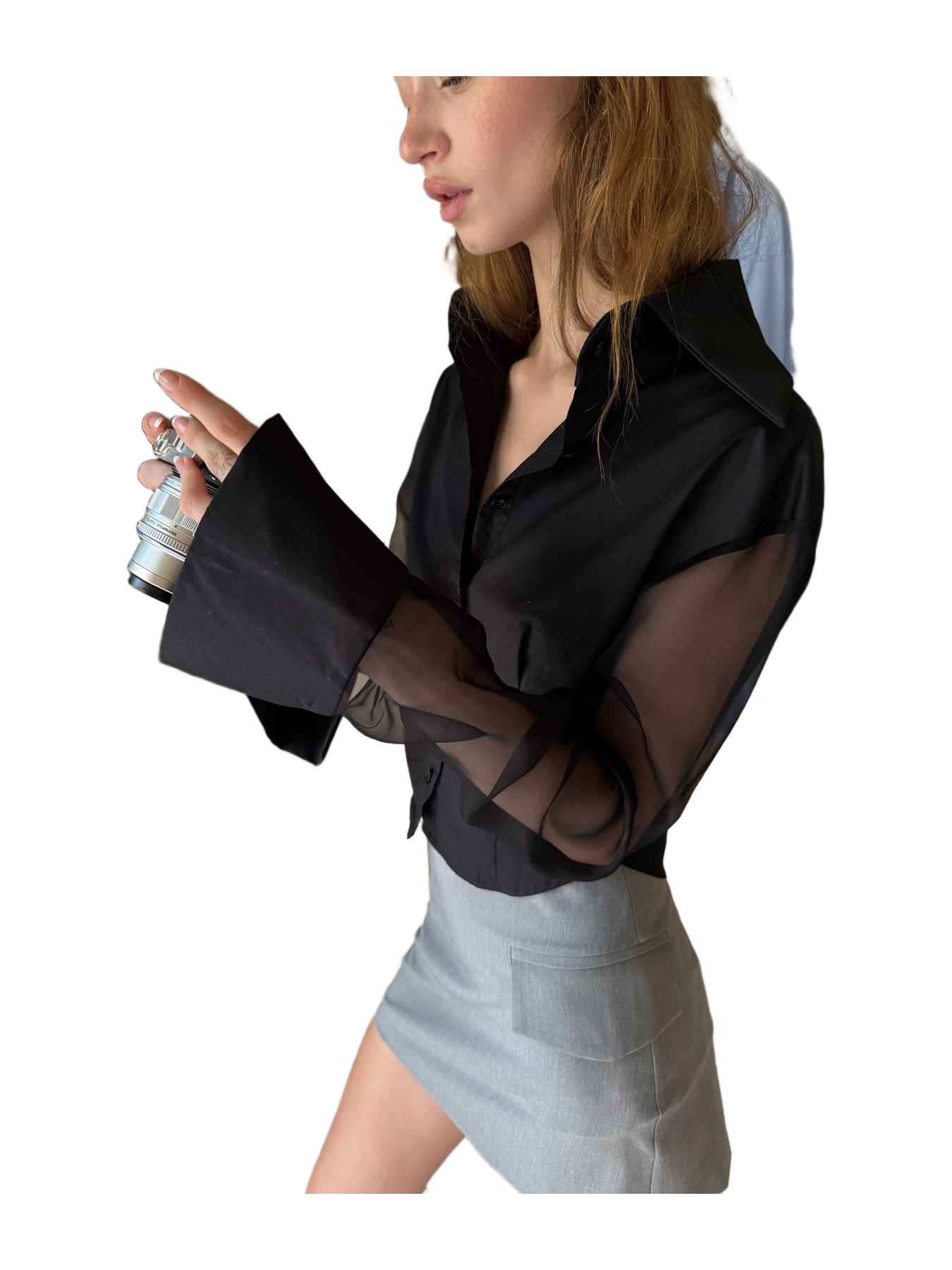 Aaizél SILK ORGANZA SLEEVE SHIRT in BLACK