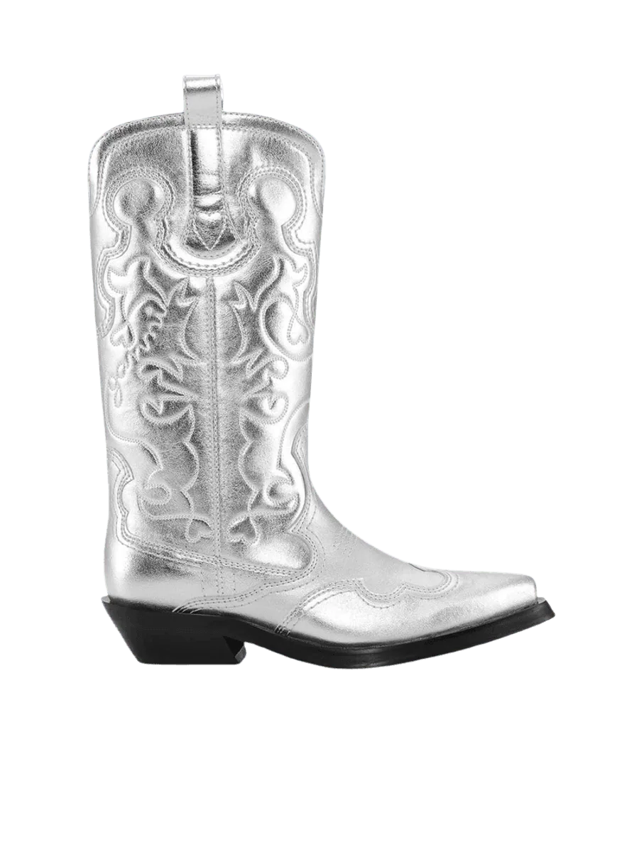 GANNI Silver Mid Shaft Embroidered Western Boots