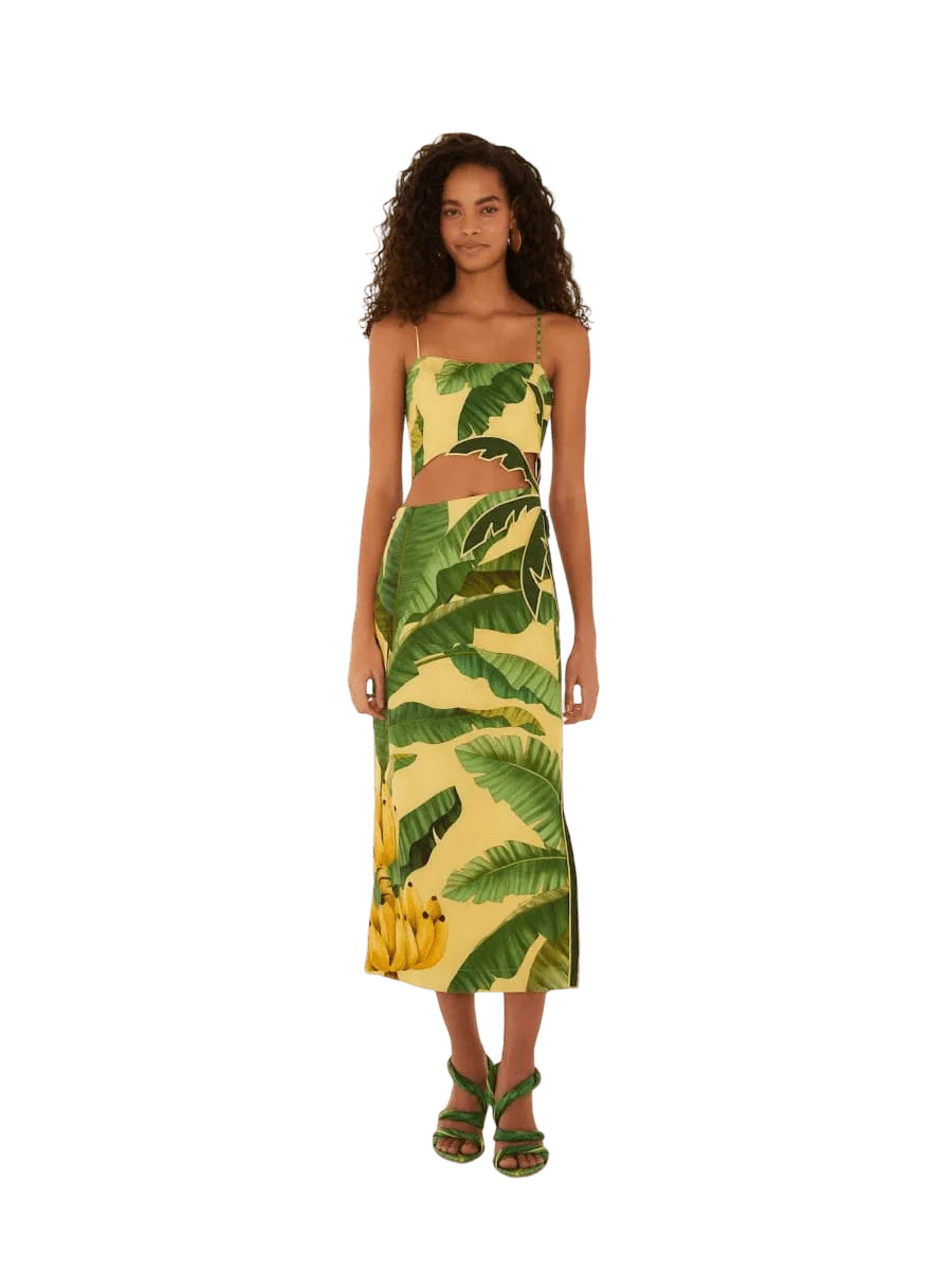 Farm Rio Soft Yellow 3D Banana Leaves Maxi Dress