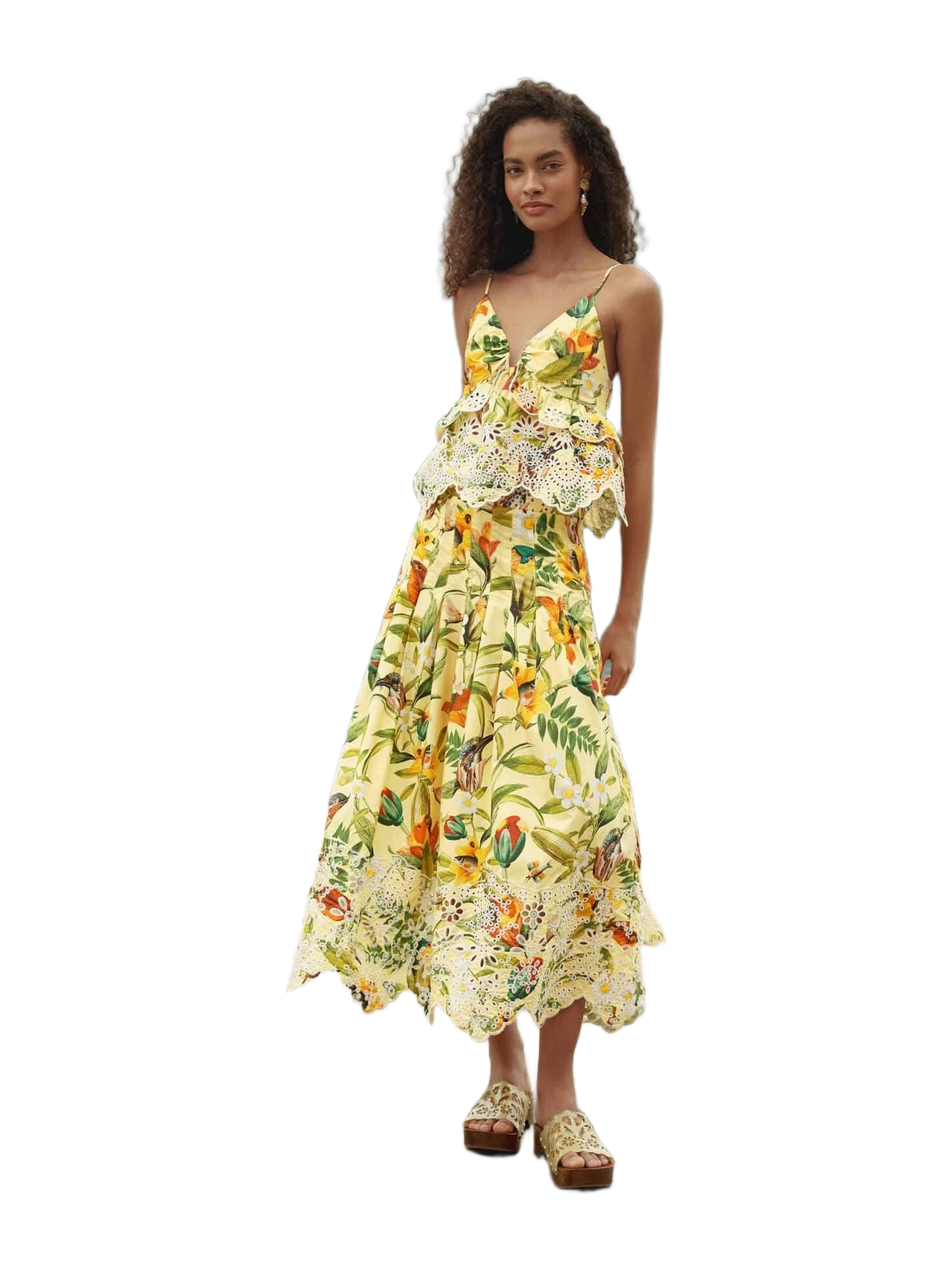 Farm Rio Soft Yellow Brasil Collage Lace Maxi Skirt