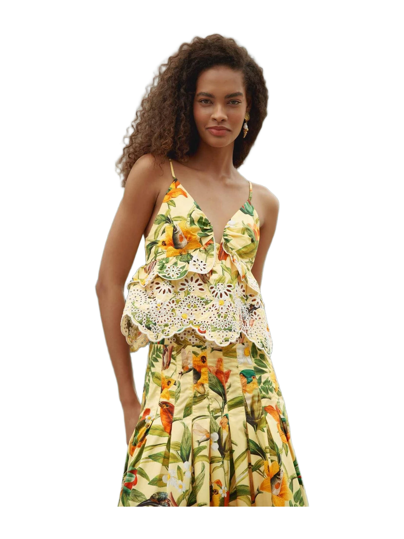 Farm Rio Soft Yellow Brasil Collage Lace Ruffled Blouse