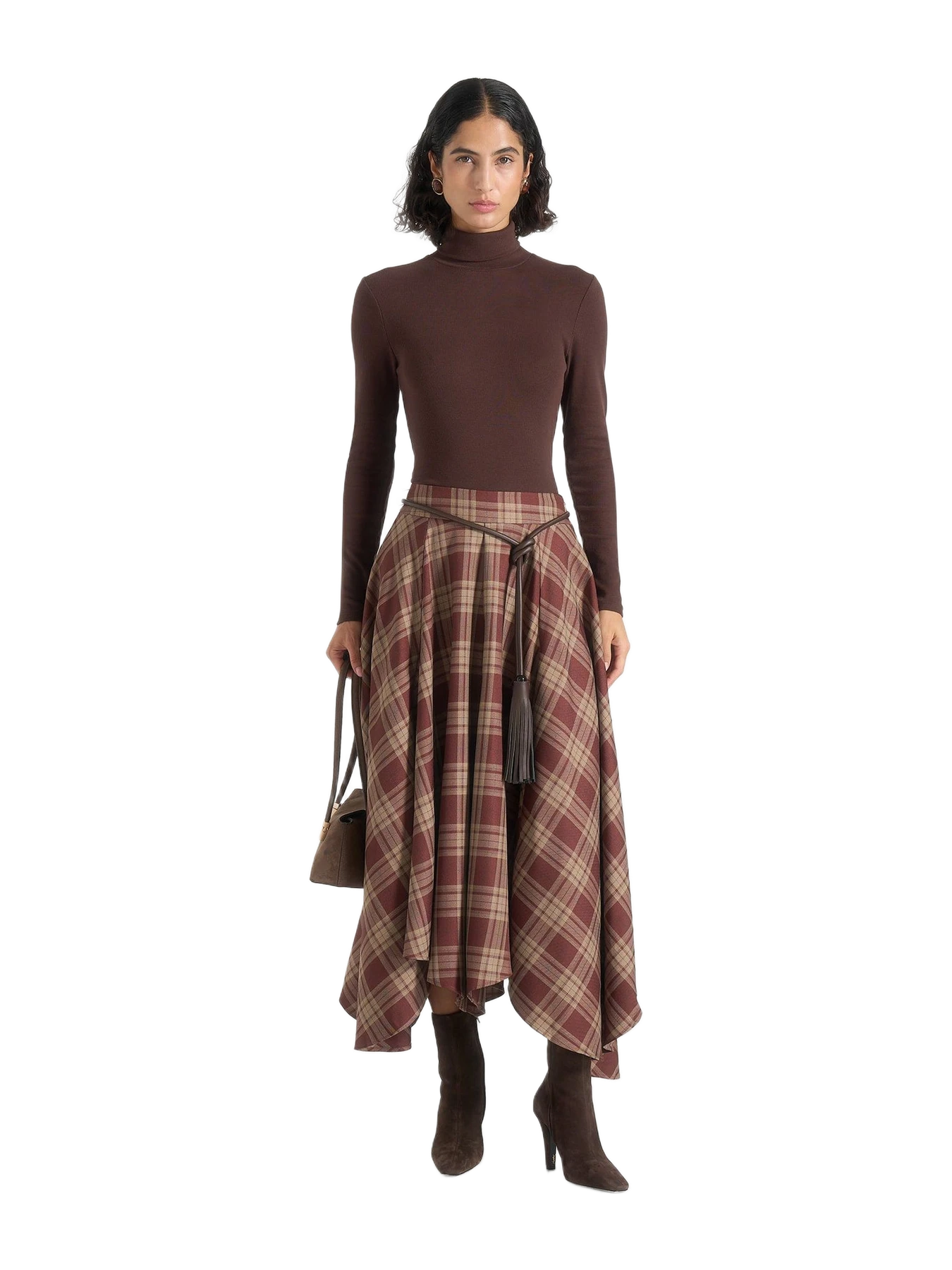 Manière de Voir Spencer - Check Handkerchief Midi Skirt With Tassel Belt - Brown