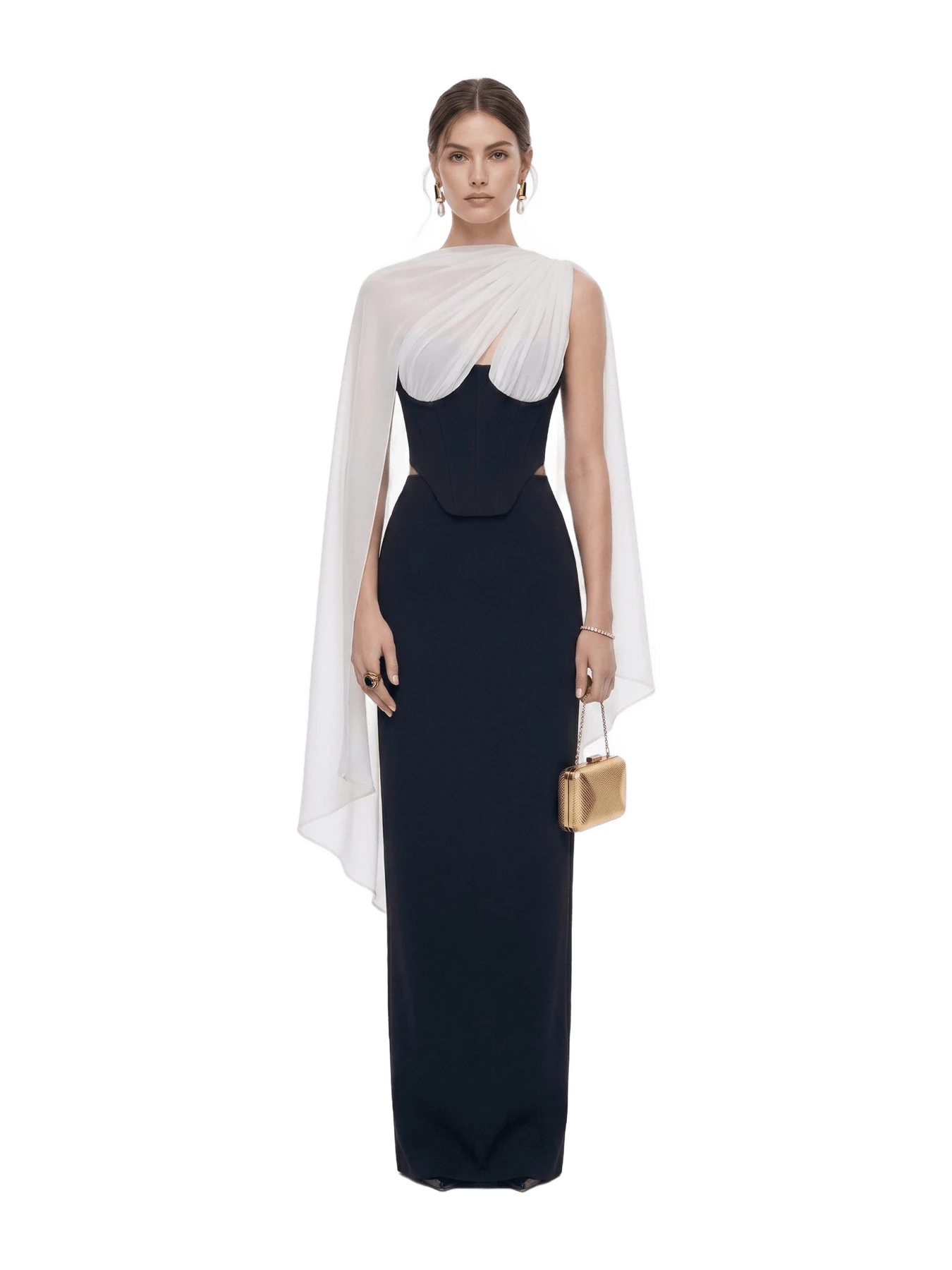JW Pei Strapless Corset Sheer Cape Top - Black & White