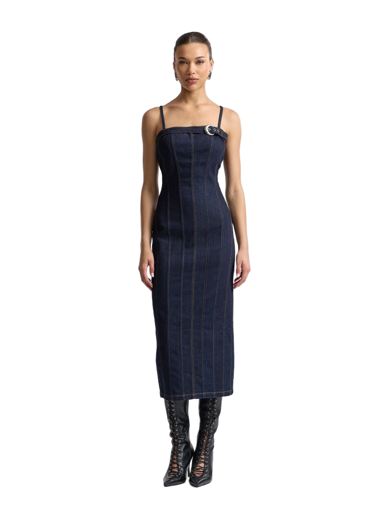 Avec Les Filles Stretch Denim Buckle Detail Midi Dress