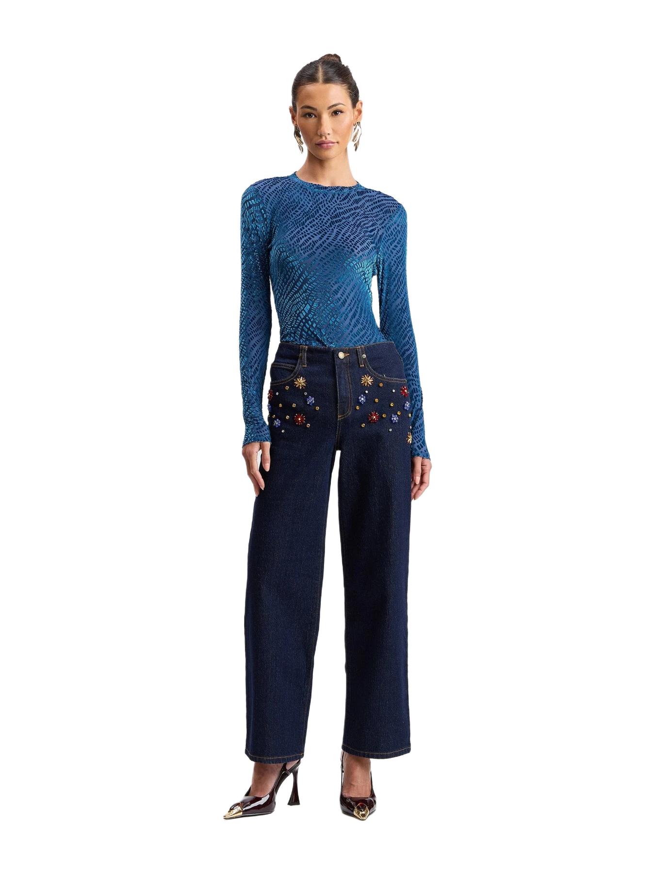 Avec Les Filles Stretch Denim Rhinestone-Embellished Wide-Leg Jeans