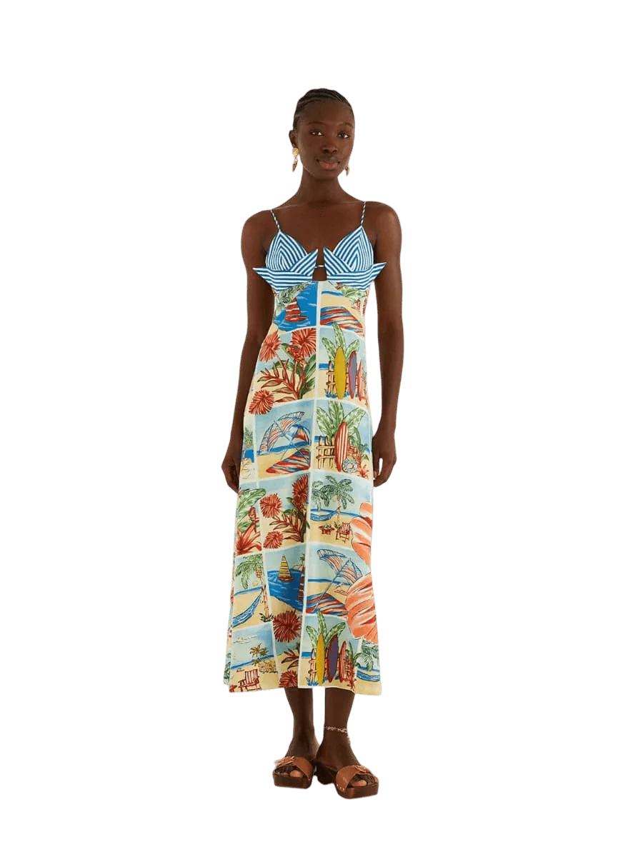 Farm Rio Summer Diary Multicolor Paper Boat Maxi Dress