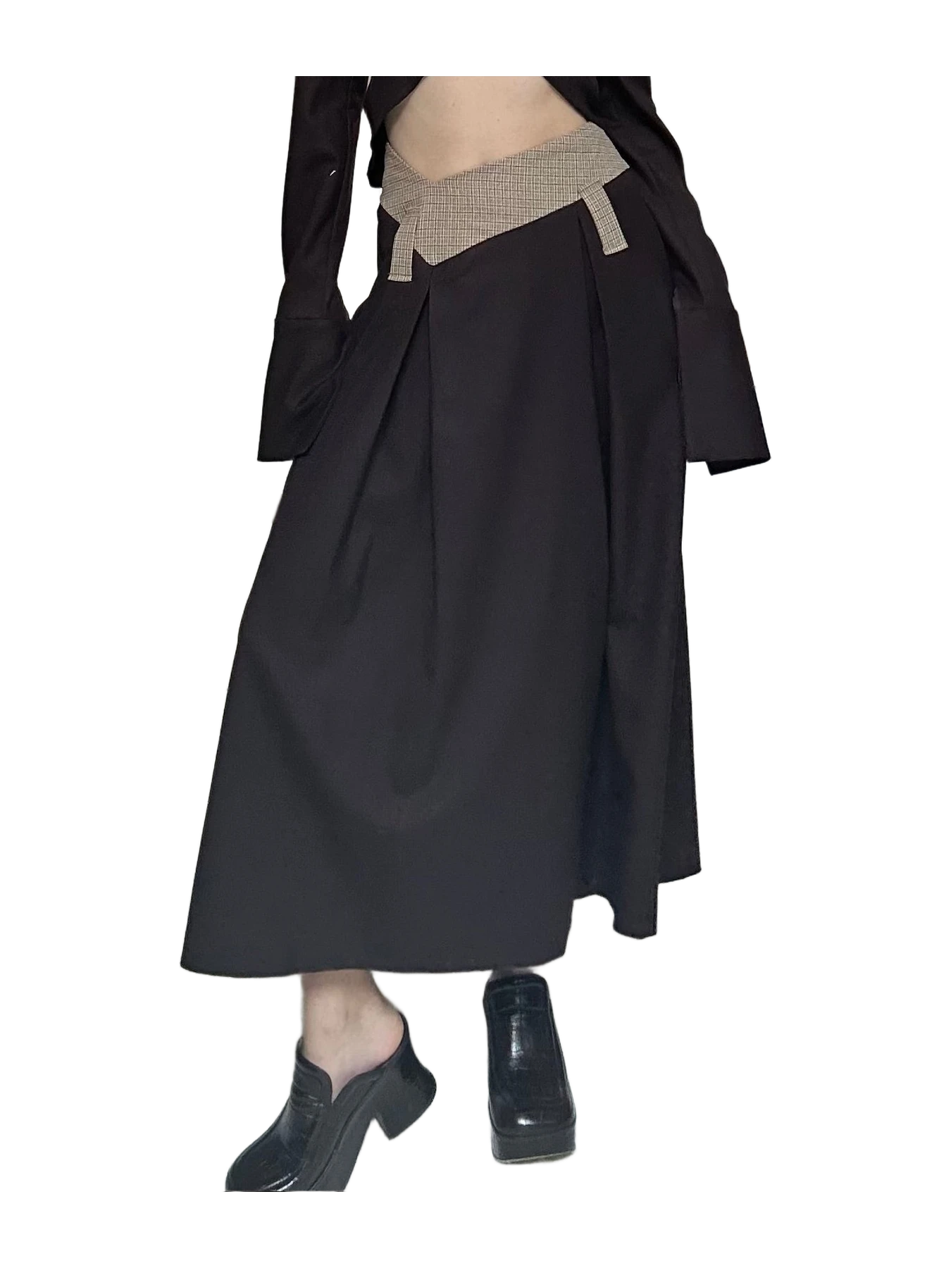 Aaizél TAILORED ANGLED WAIST LONG SKIRT in BISCUIT CHECK/BROWN