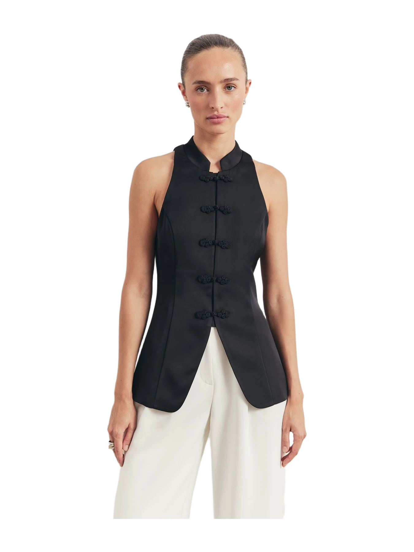 Because of Alice Tailored Satin Mandarin Collar Top - Black