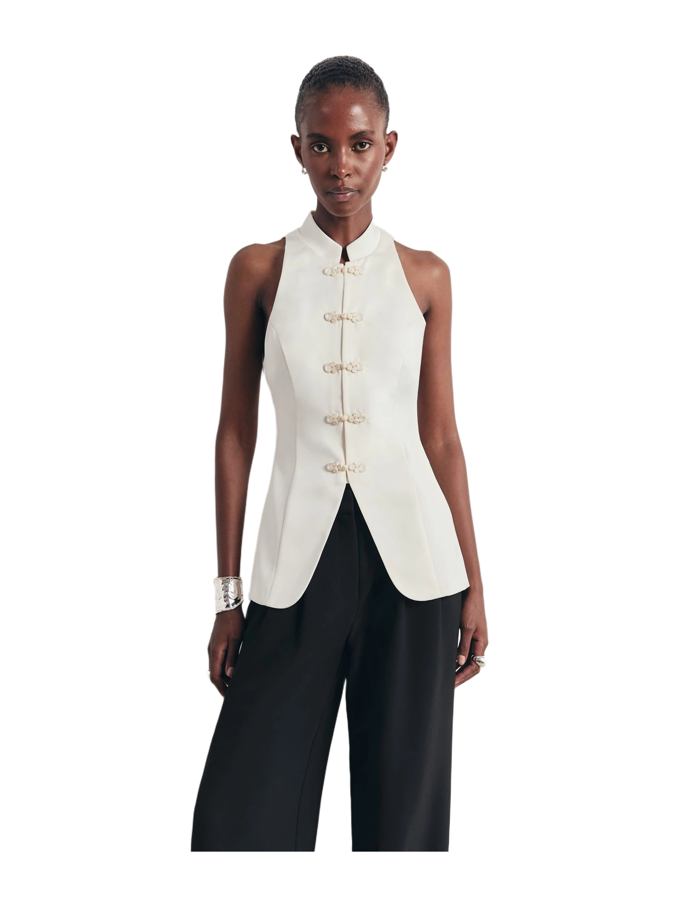 Because of Alice Tailored Satin Mandarin Collar Top - Ivory
