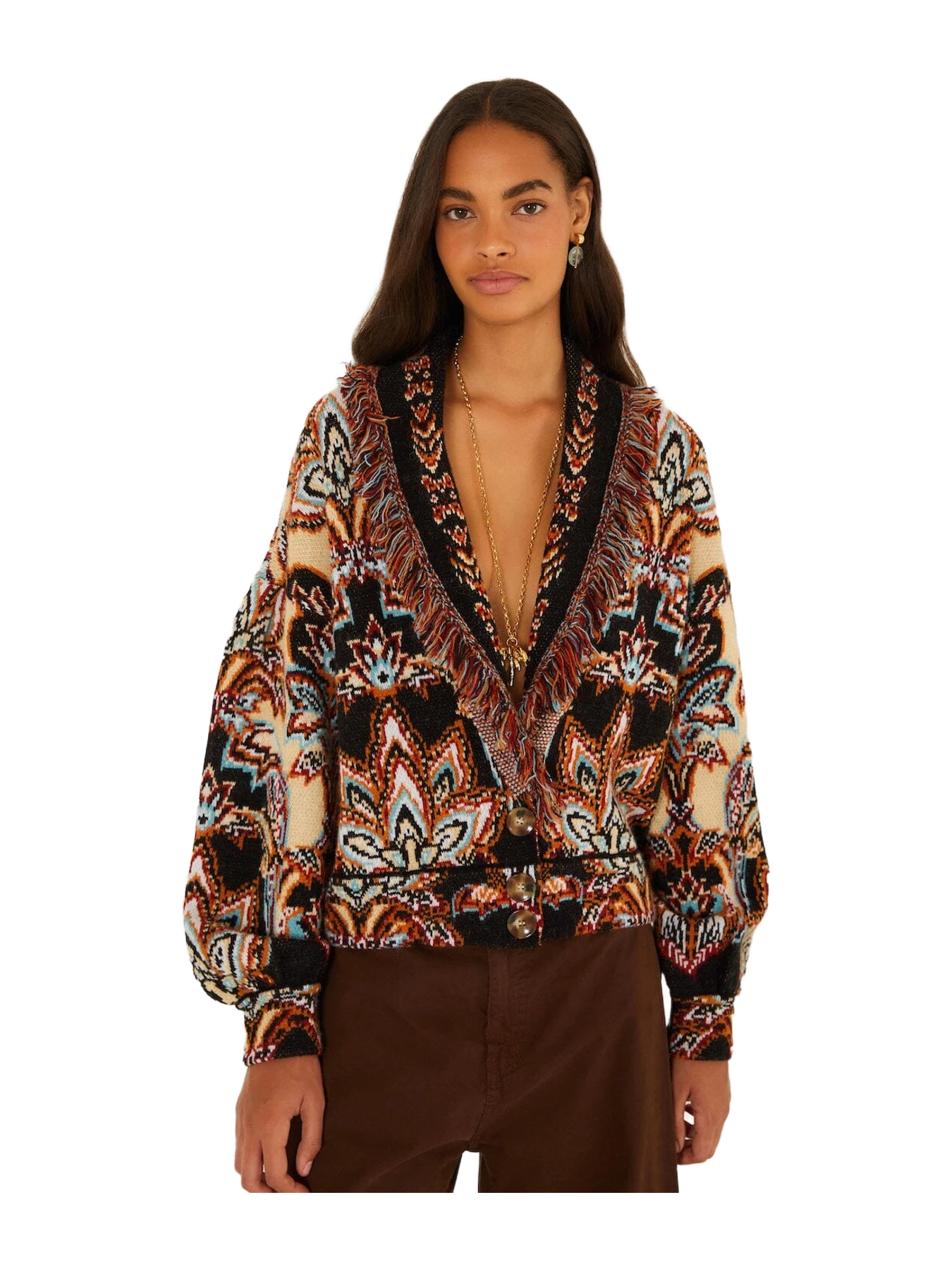 Farm Rio Tapestry Dream Fringe Knit Cardigan