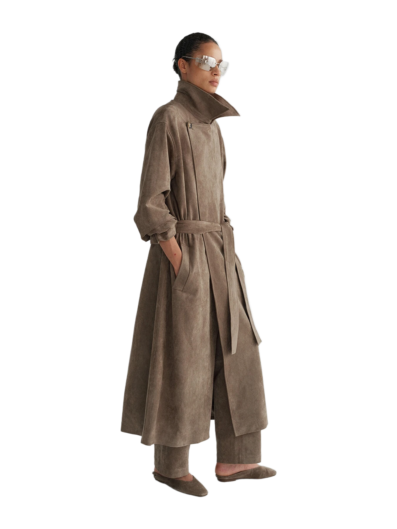 Pixie Market Taupe Oversized Suede Wrap Trench Coat