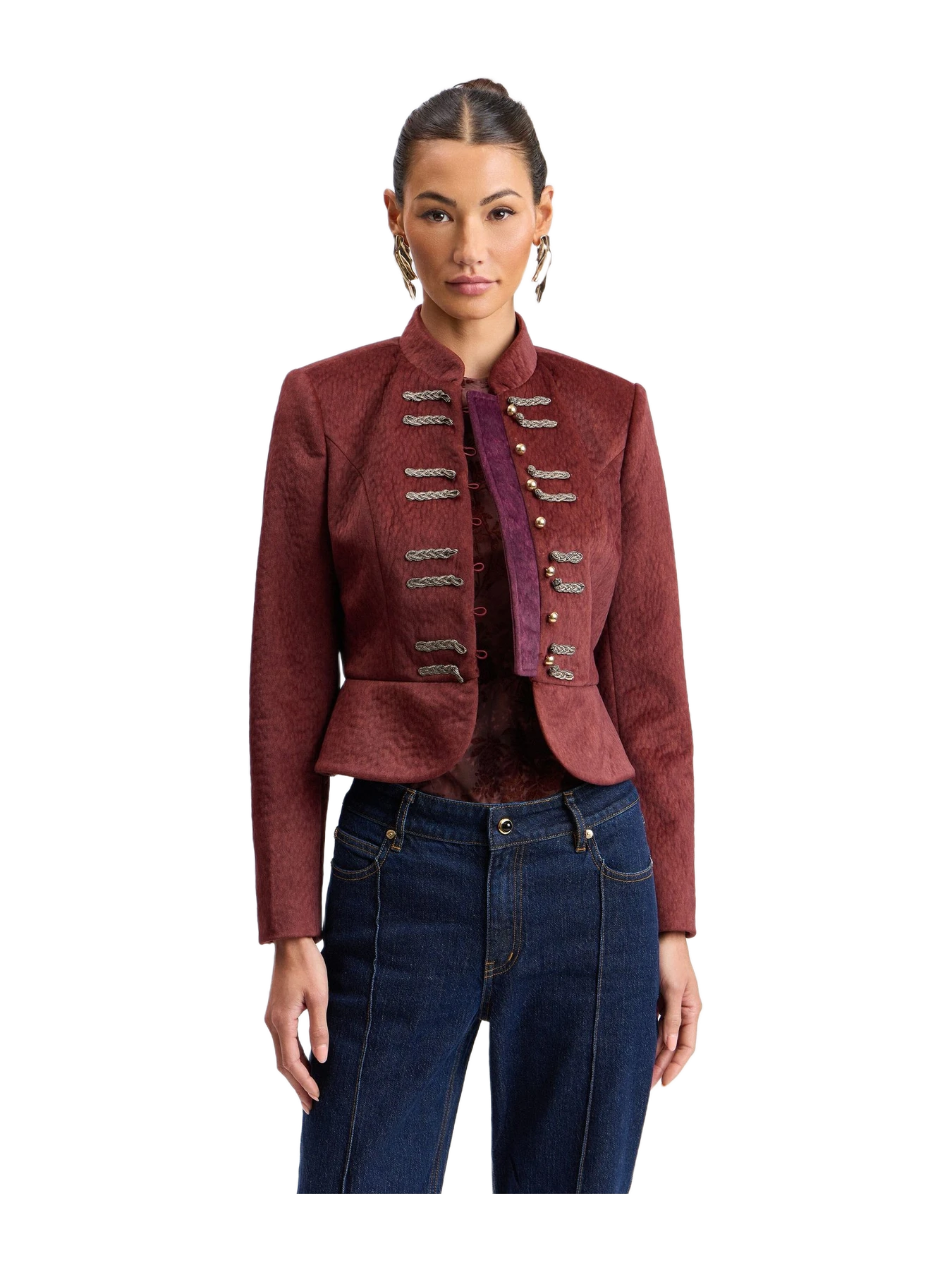 Avec Les Filles Textured Faux Wool Peplum Military Jacket