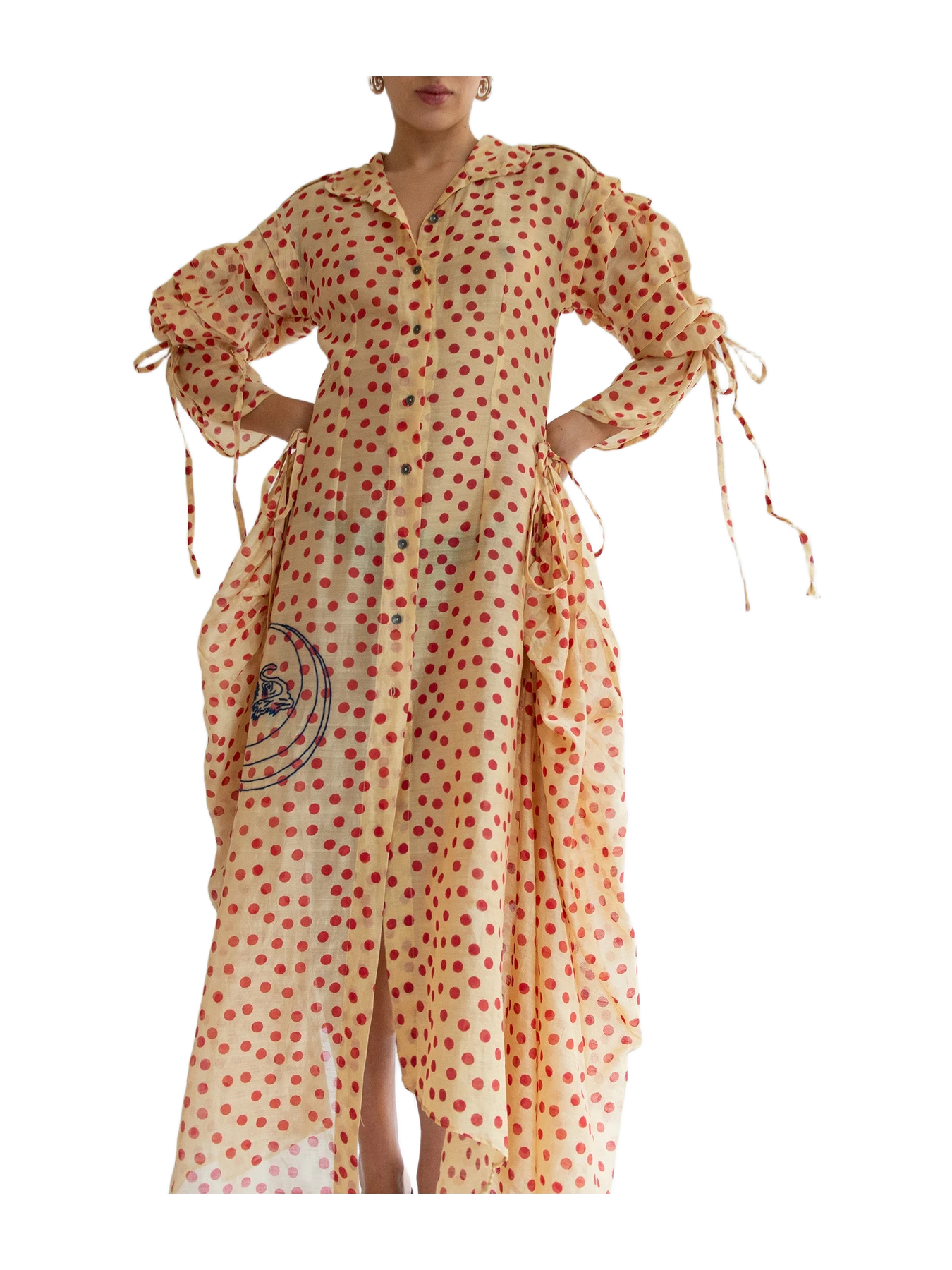 TIGRA TIGRA TIGRA TIGRA, Blockprint Dot Rucha Dress, Tea Stain Red w. Tiger Embroidery