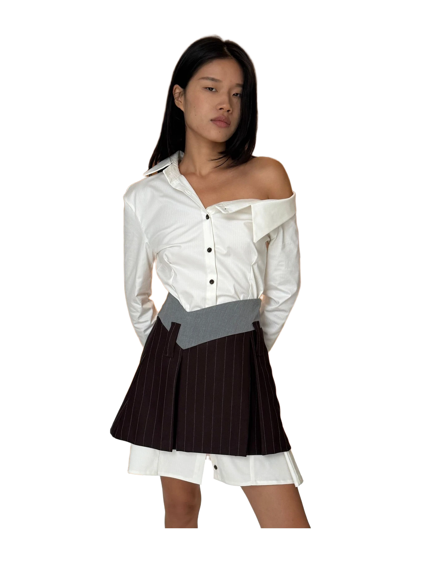 Aaizél UNBALANCED OPEN SHOULDER SHIRT DRESS in WHITE