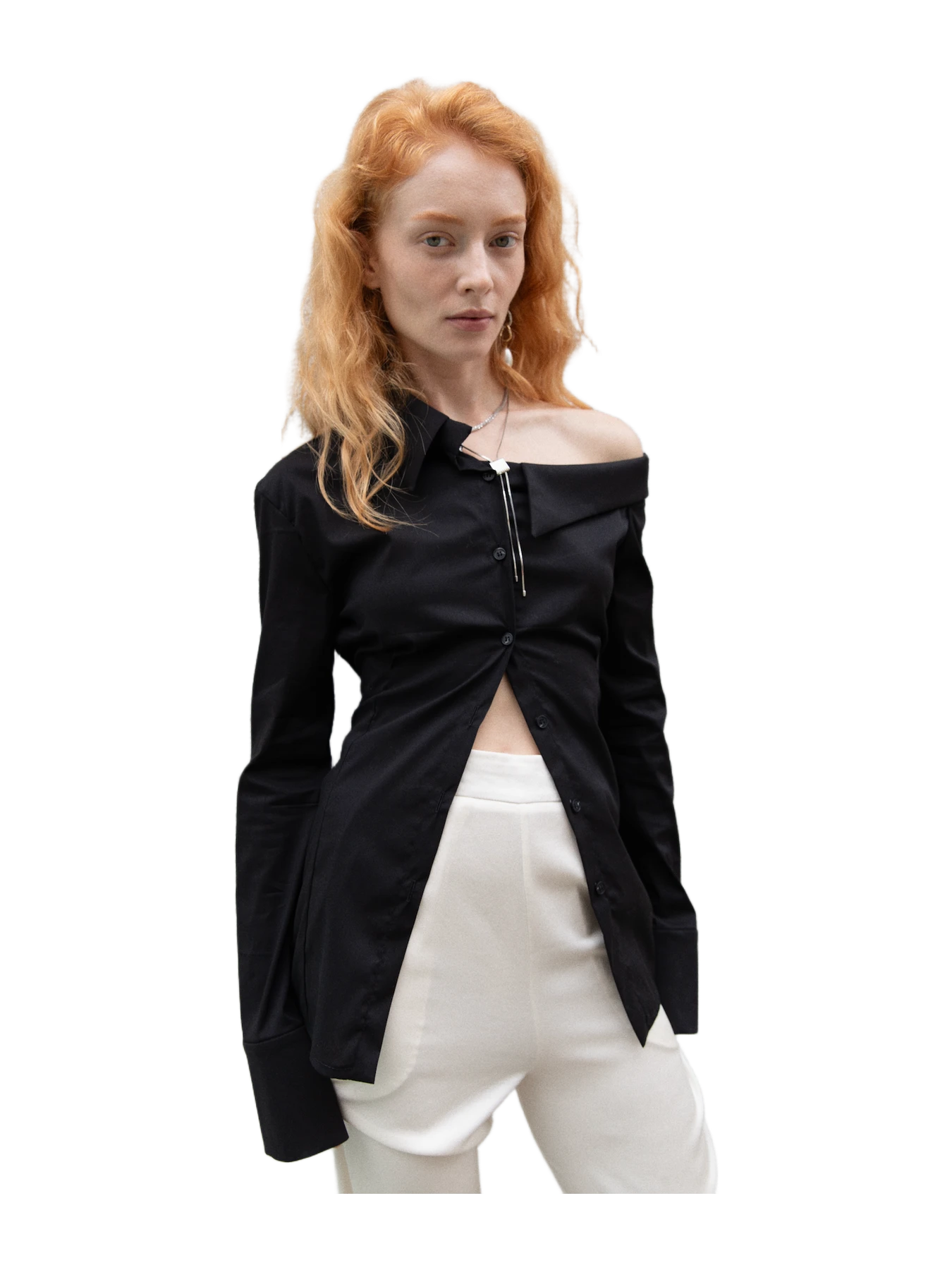 Aaizél UNBALANCED OPEN SHOULDER SHIRT in BLACK