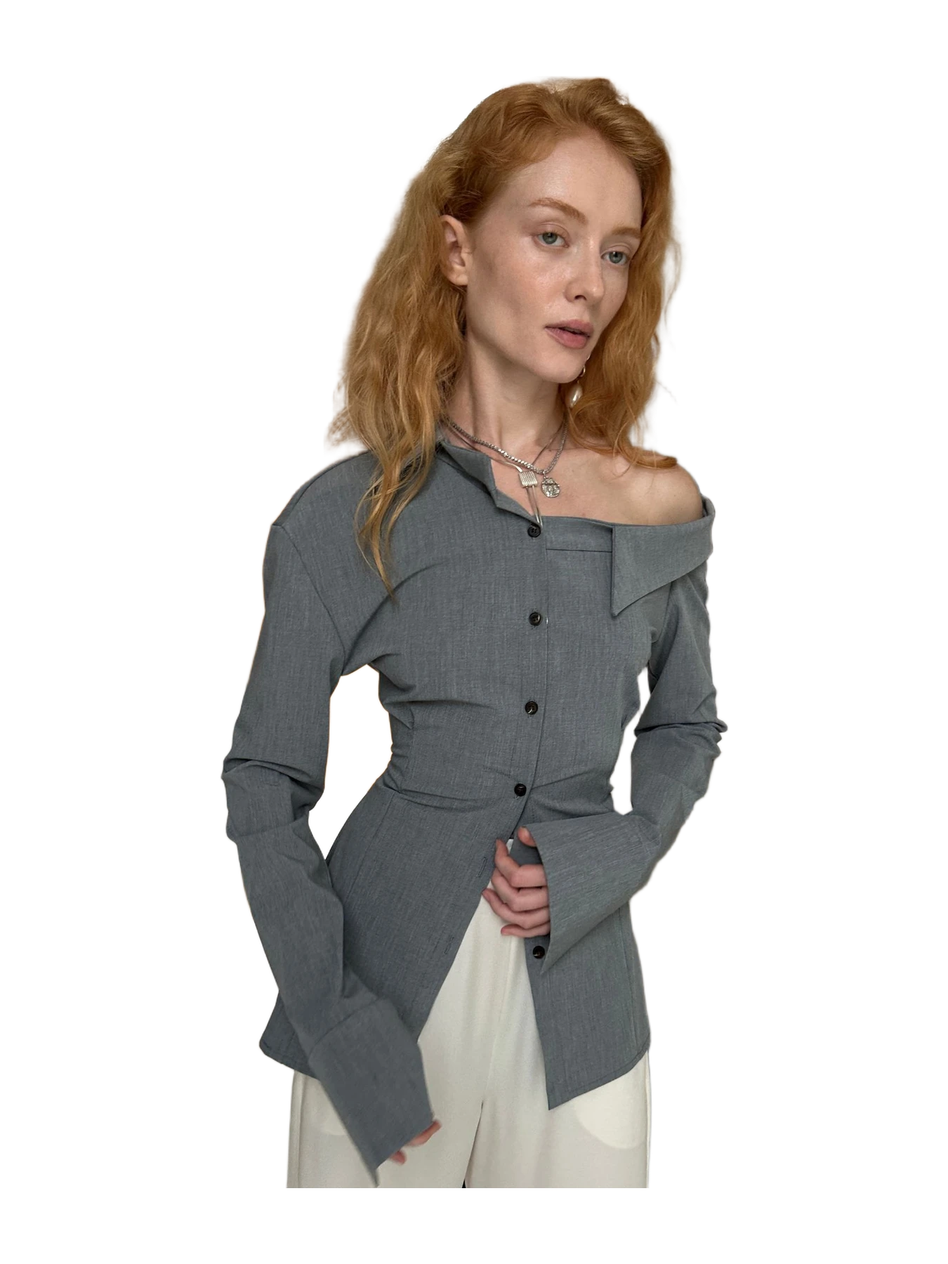 Aaizél UNBALANCED OPEN SHOULDER SHIRT in GREY