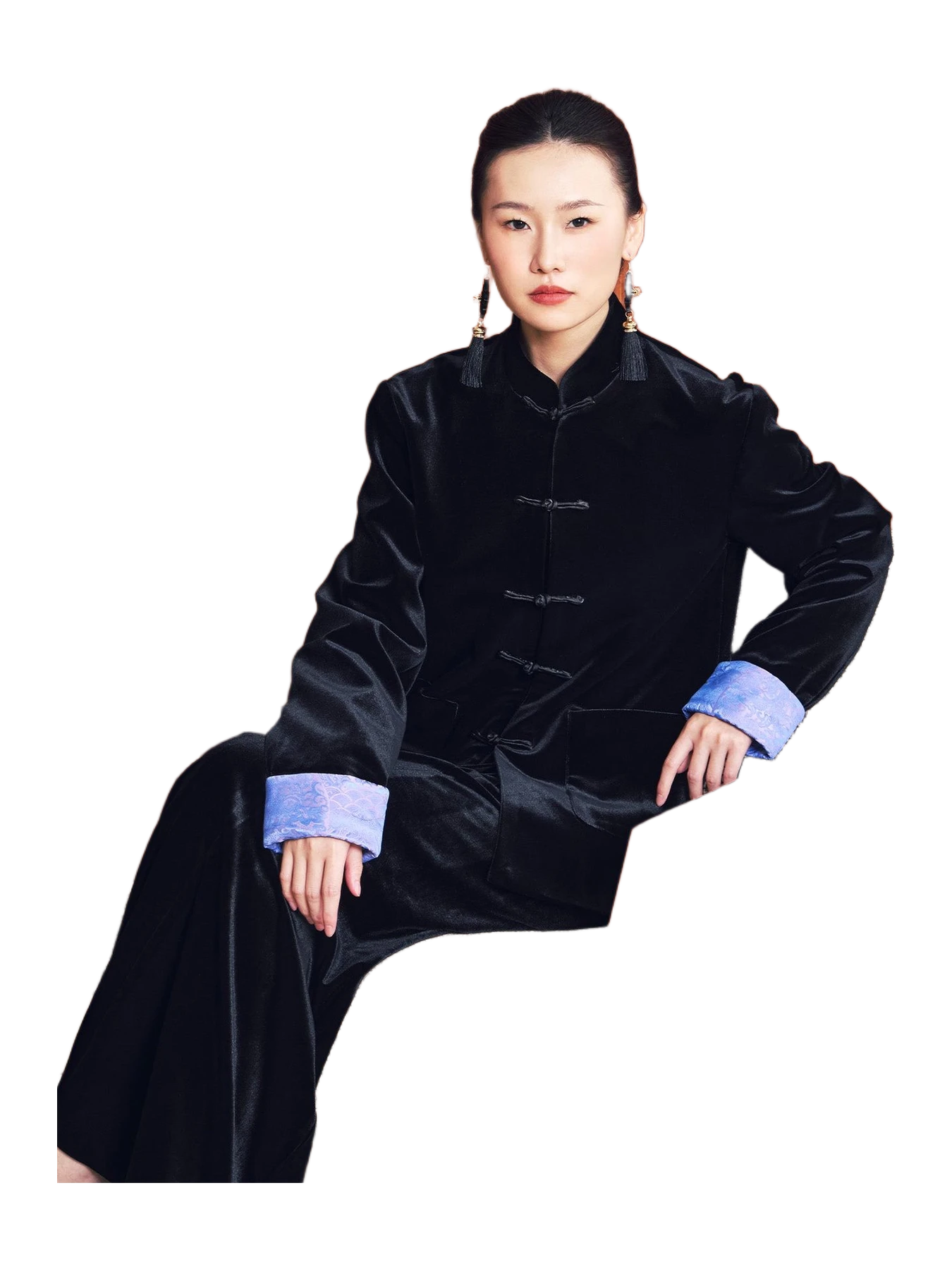 Qipology Unisex Silk Velvet Tang Jacket (black/Purple)