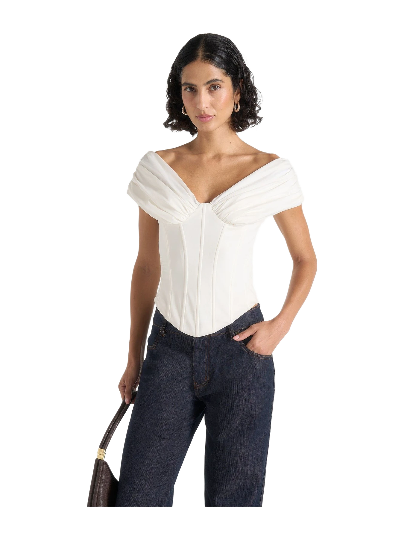 Manière de Voir Ursula - Off-Shoulder Pleated Cotton Corset Top - White